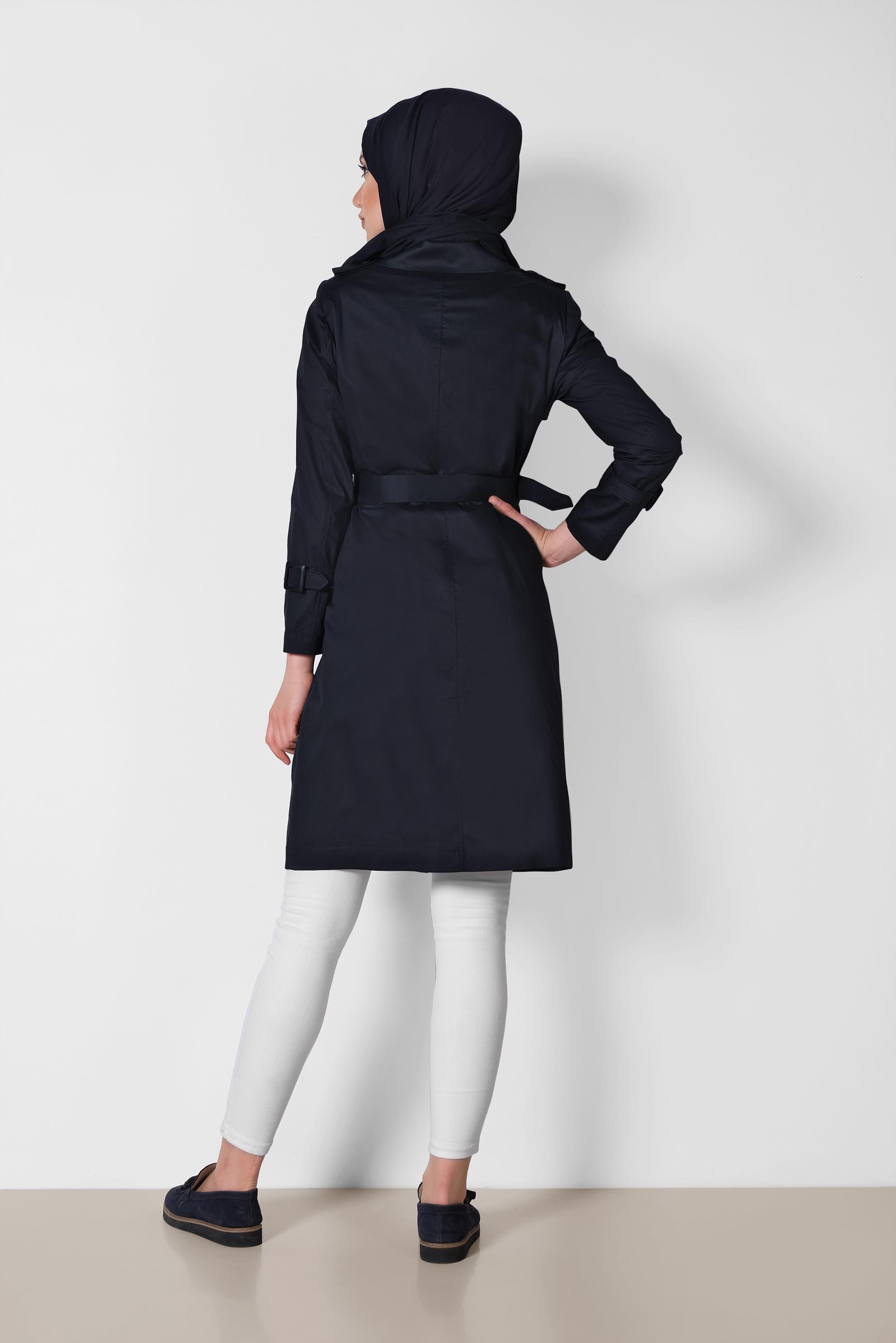 Tesettür giyim LACİVERT KRUVAZE KEMERLİ TRENÇKOT 1443