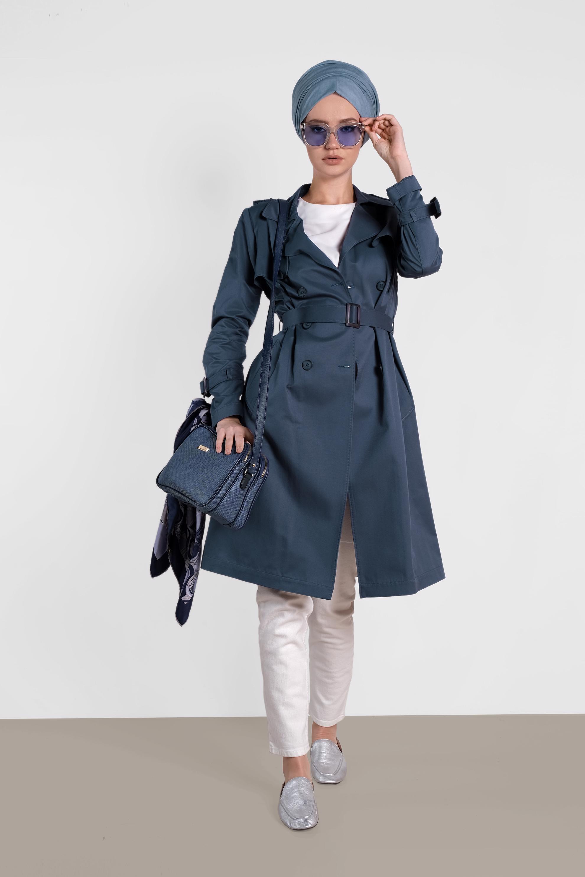 Tesettür giyim LACİVERT KRUVAZE KEMERLİ TRENÇKOT 1443