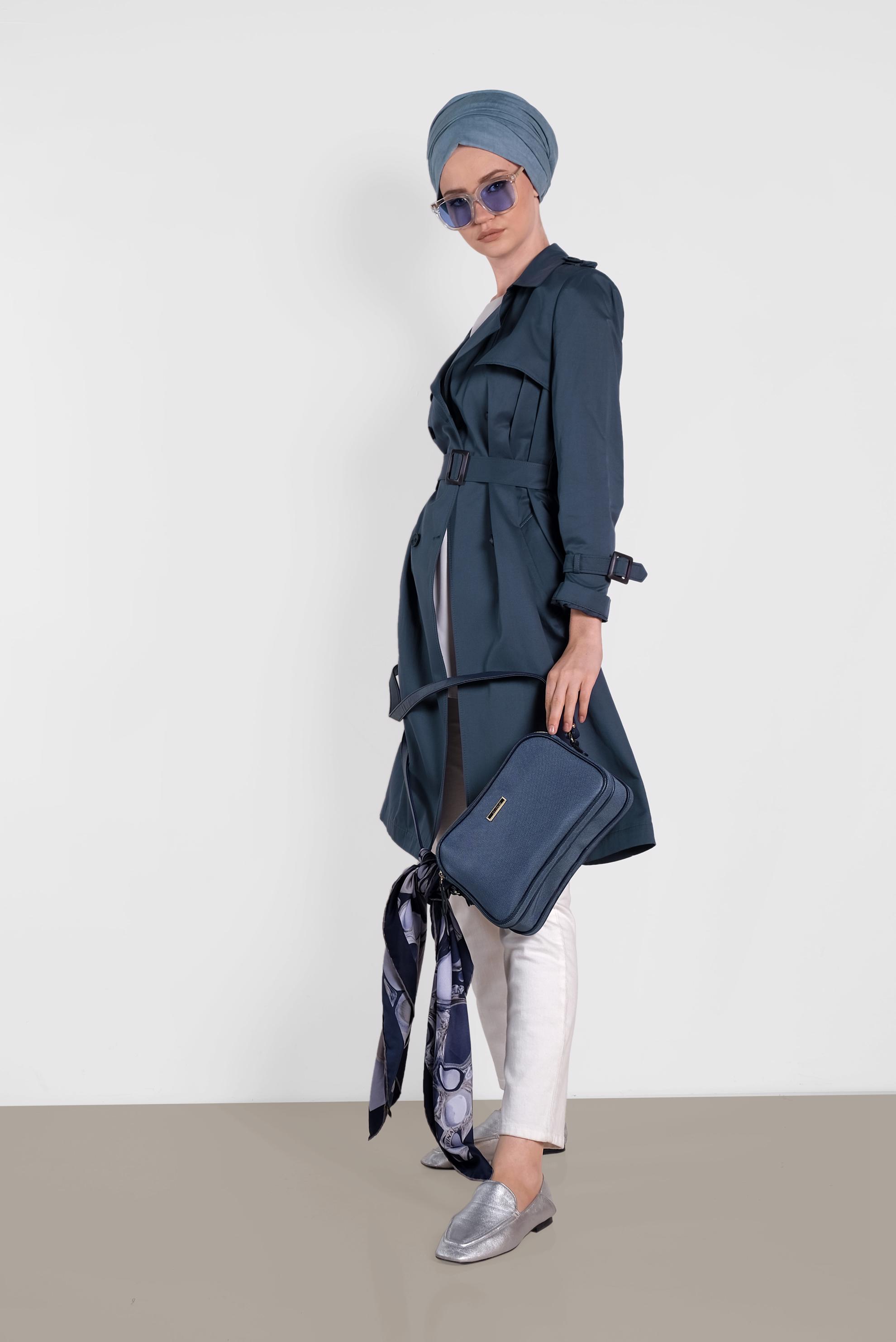 Tesettür giyim LACİVERT KRUVAZE KEMERLİ TRENÇKOT 1443