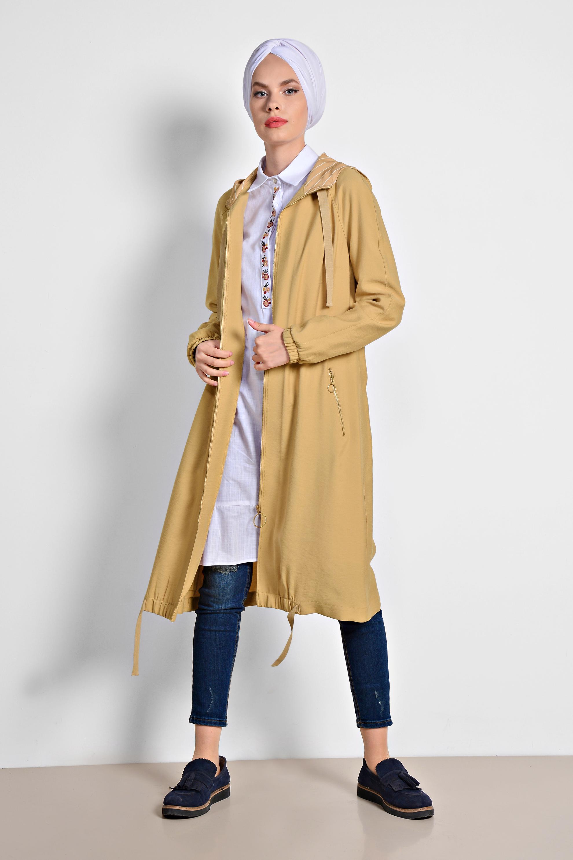 Tesettür giyim SARI ETEK UCU BÜZGÜLÜ FERMUARLI TRENÇKOT 1447