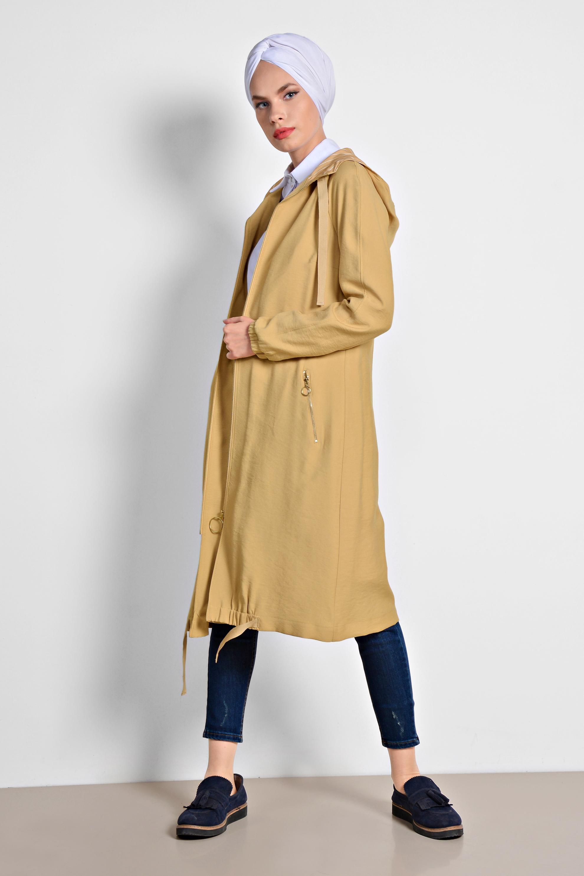 Tesettür giyim SARI ETEK UCU BÜZGÜLÜ FERMUARLI TRENÇKOT 1447