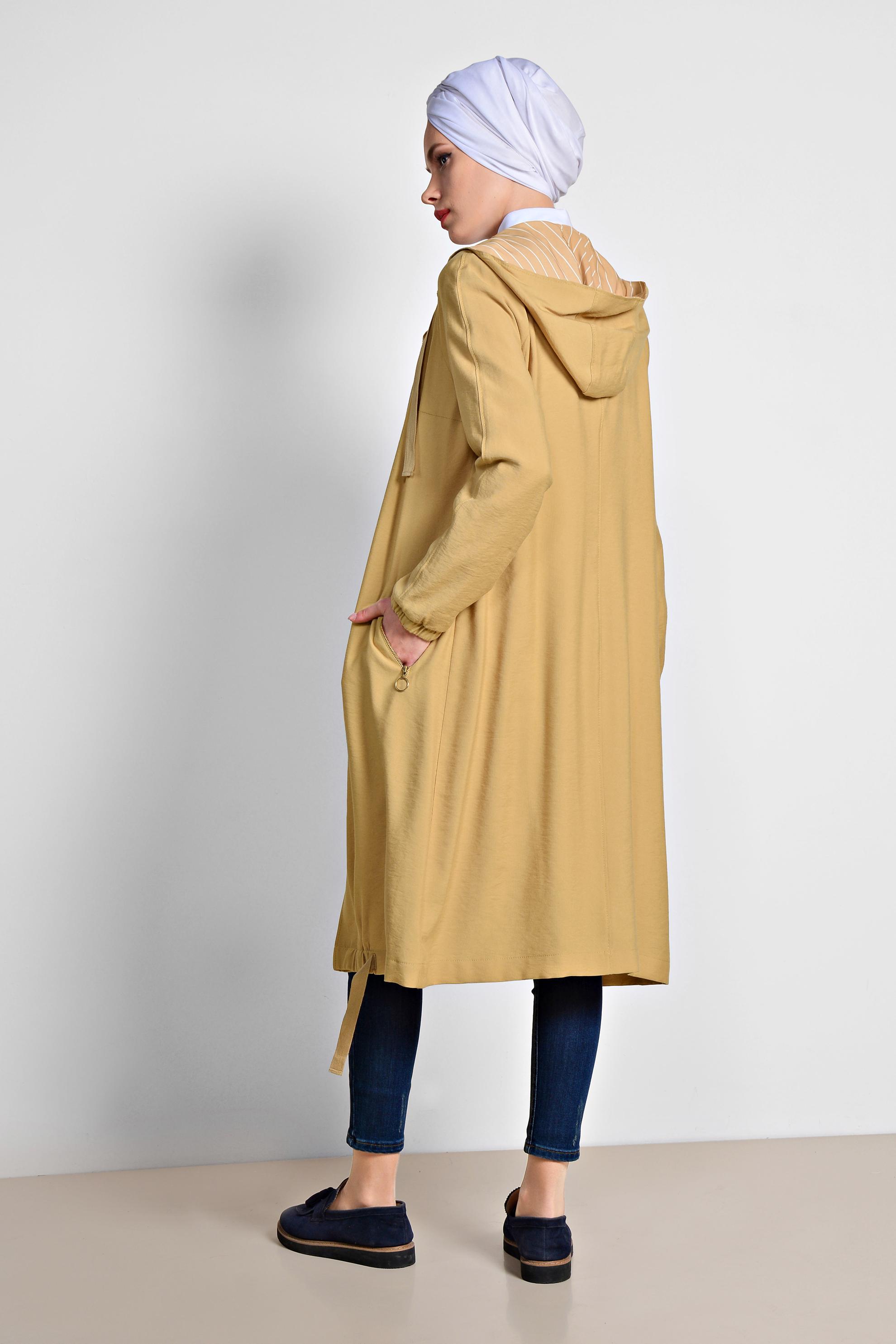 Tesettür giyim SARI ETEK UCU BÜZGÜLÜ FERMUARLI TRENÇKOT 1447