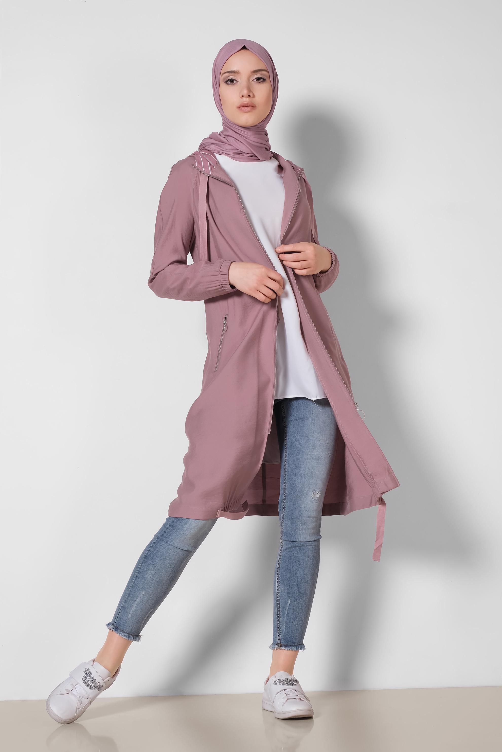 Tesettür giyim PEMBE ETEK UCU BÜZGÜLÜ FERMUARLI TRENÇKOT 1447