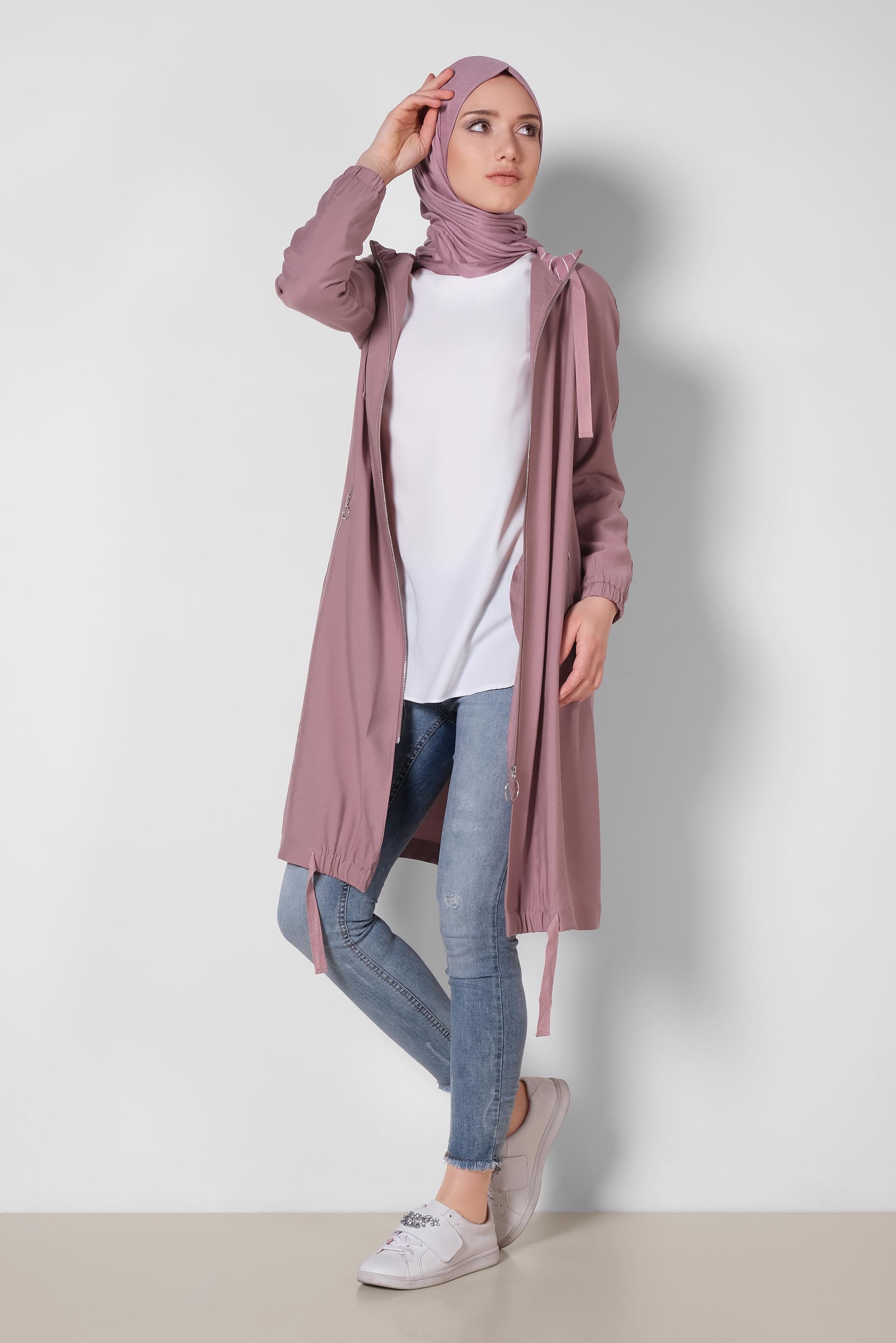 Tesettür giyim PEMBE ETEK UCU BÜZGÜLÜ FERMUARLI TRENÇKOT 1447