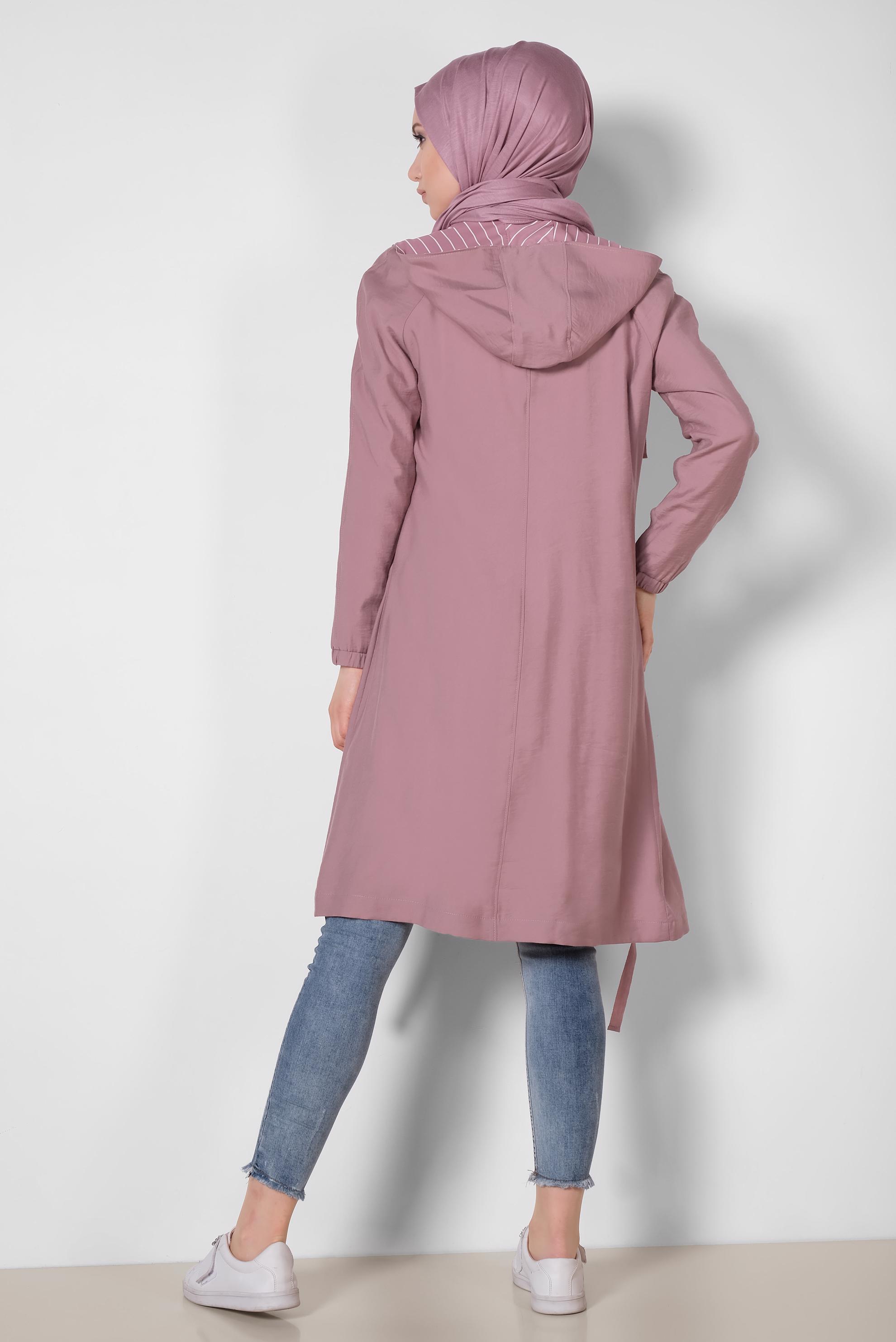 Tesettür giyim PEMBE ETEK UCU BÜZGÜLÜ FERMUARLI TRENÇKOT 1447