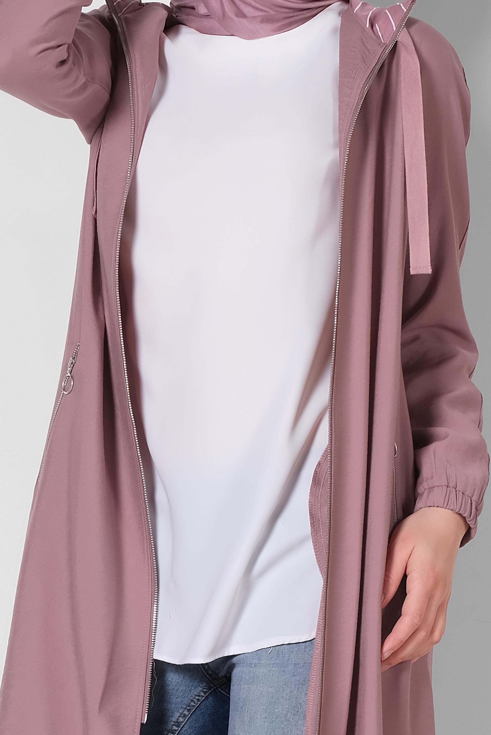 Tesettür giyim PEMBE ETEK UCU BÜZGÜLÜ FERMUARLI TRENÇKOT 1447