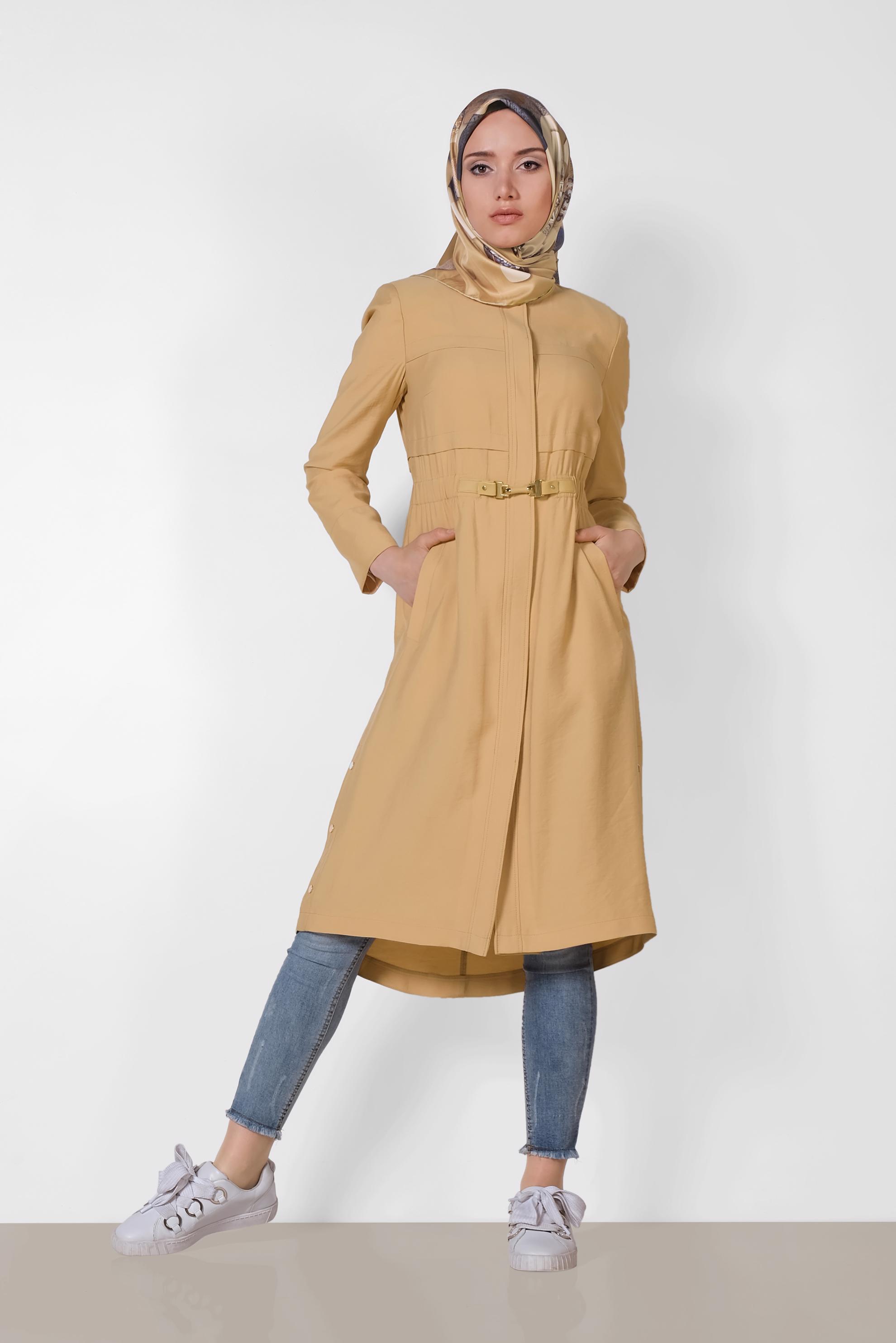 Tesettür giyim SARI GİZLİ DÜĞMELİ BELİ LASTİKLİ TRENÇKOT 1448