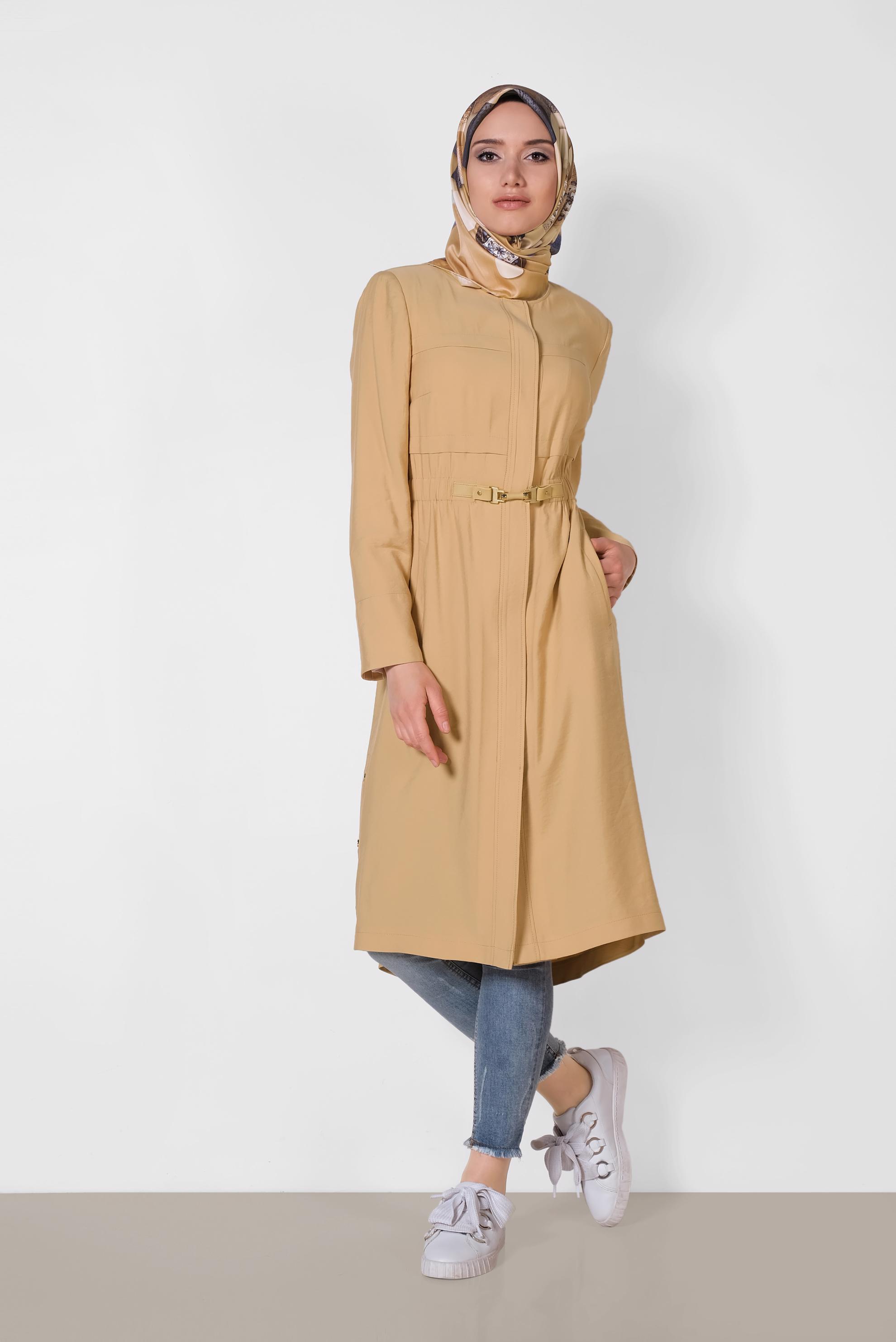 Tesettür giyim SARI GİZLİ DÜĞMELİ BELİ LASTİKLİ TRENÇKOT 1448