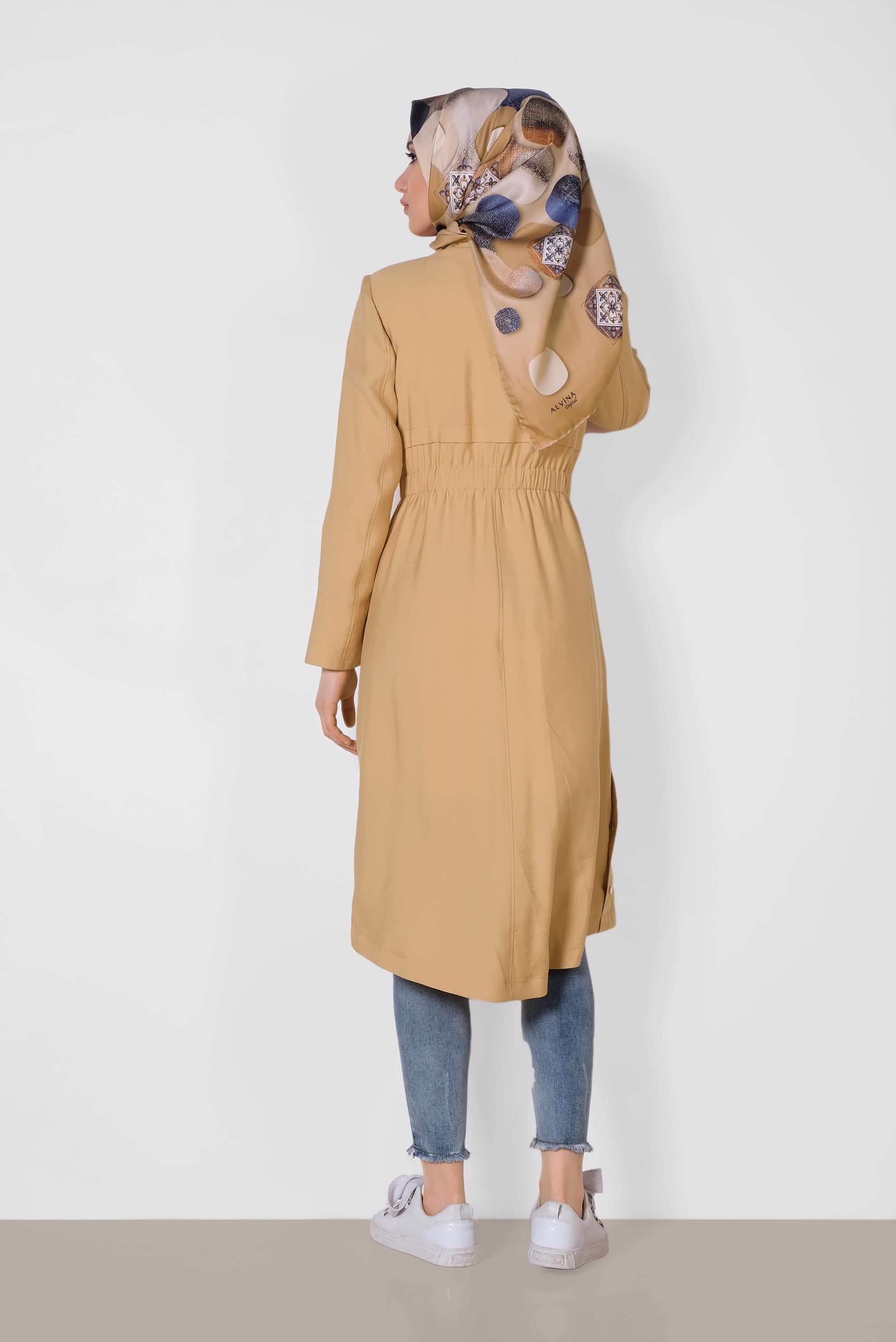 Tesettür giyim SARI GİZLİ DÜĞMELİ BELİ LASTİKLİ TRENÇKOT 1448