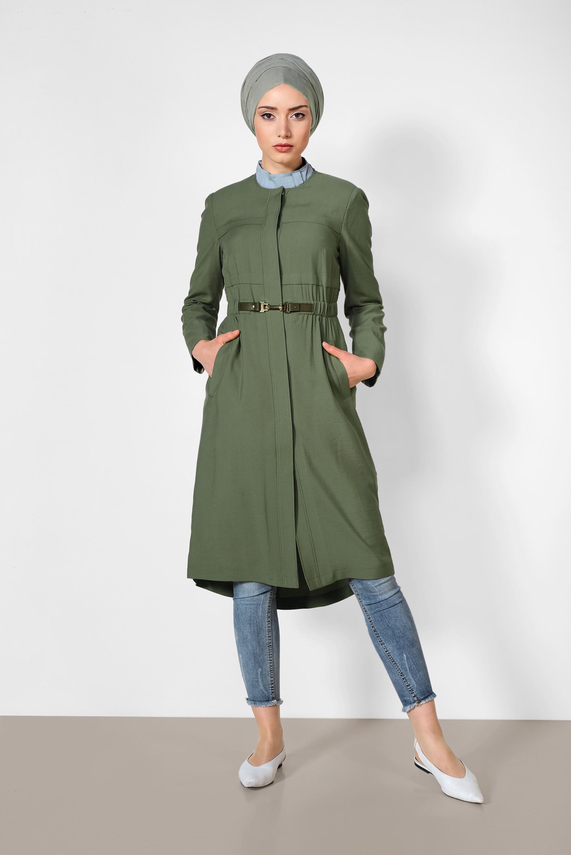 Tesettür giyim HAKİ GİZLİ DÜĞMELİ BELİ LASTİKLİ TRENÇKOT 1448