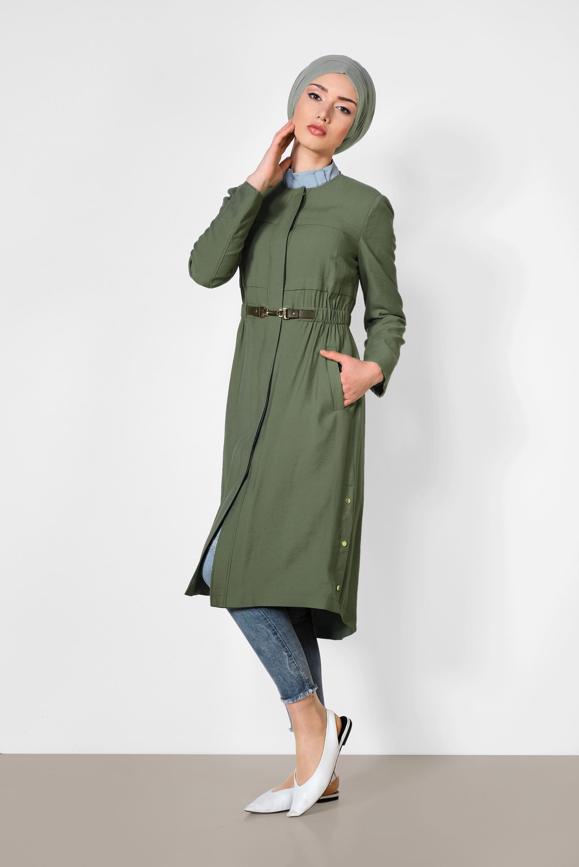 Tesettür giyim HAKİ GİZLİ DÜĞMELİ BELİ LASTİKLİ TRENÇKOT 1448