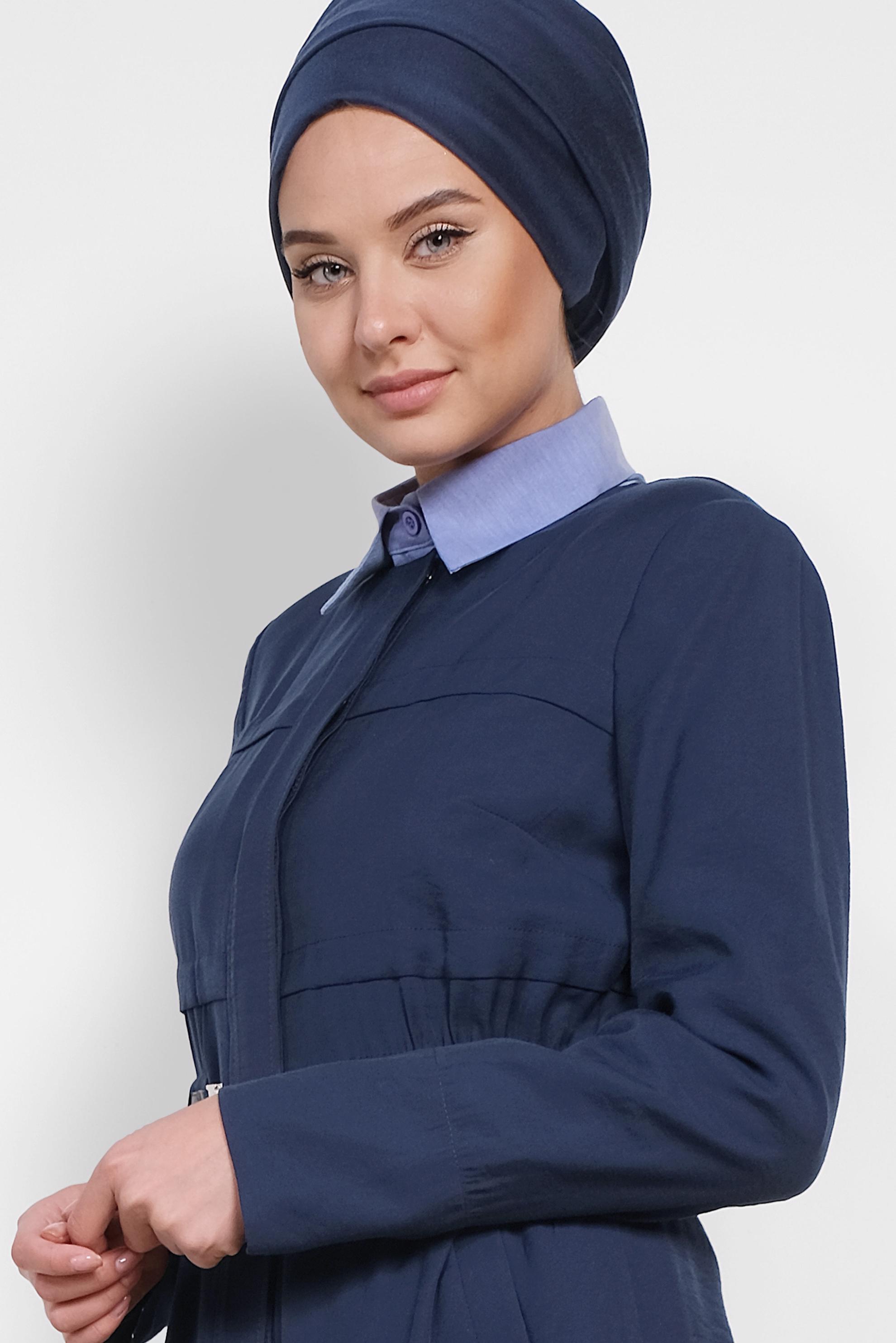 Tesettür giyim LACİVERT GİZLİ DÜĞMELİ BELİ LASTİKLİ TRENÇKOT 1448