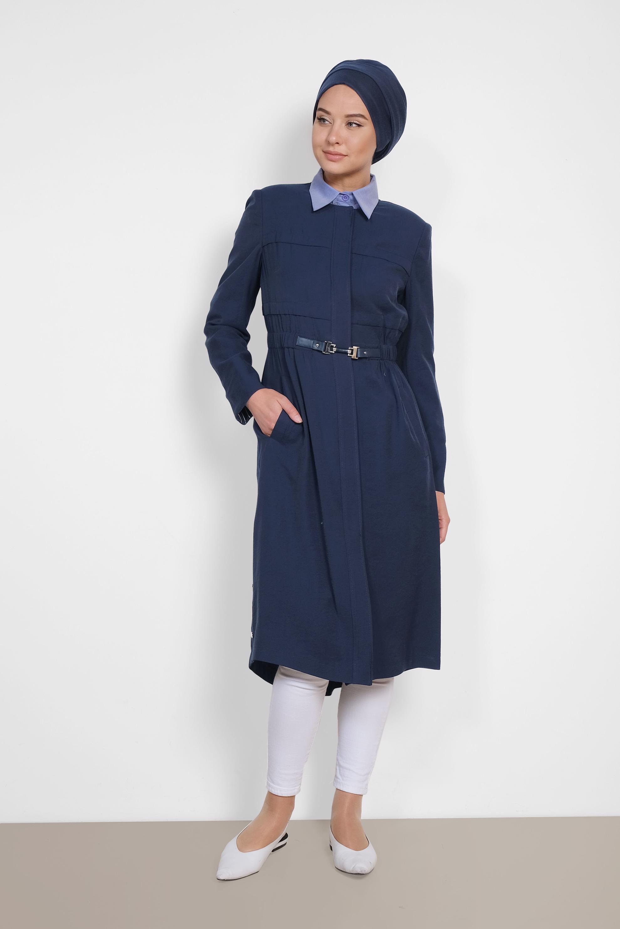 Tesettür giyim LACİVERT GİZLİ DÜĞMELİ BELİ LASTİKLİ TRENÇKOT 1448