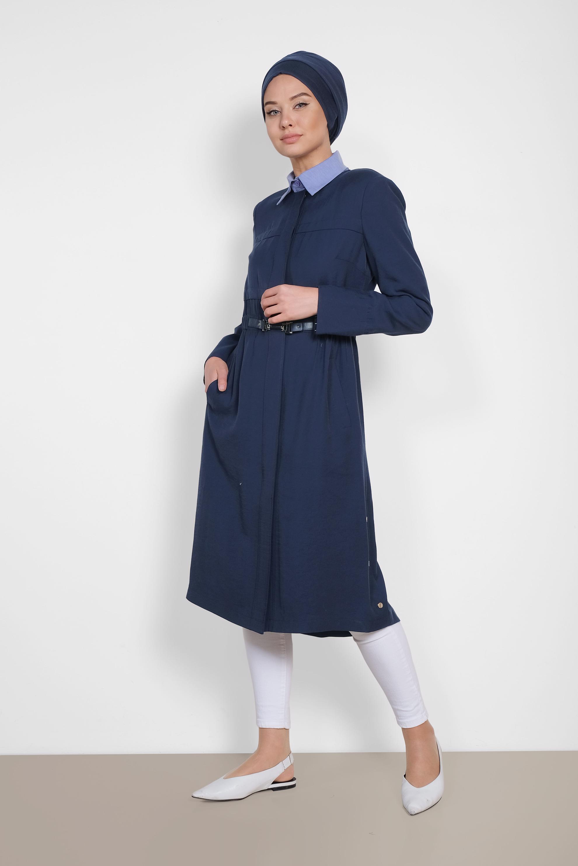 Tesettür giyim LACİVERT GİZLİ DÜĞMELİ BELİ LASTİKLİ TRENÇKOT 1448