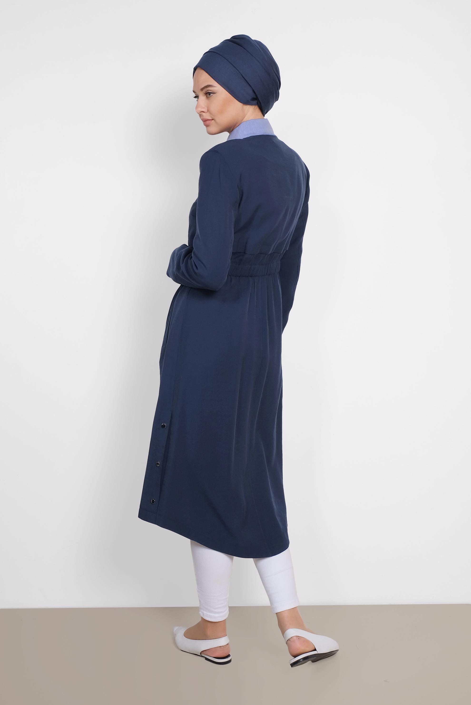 Tesettür giyim LACİVERT GİZLİ DÜĞMELİ BELİ LASTİKLİ TRENÇKOT 1448