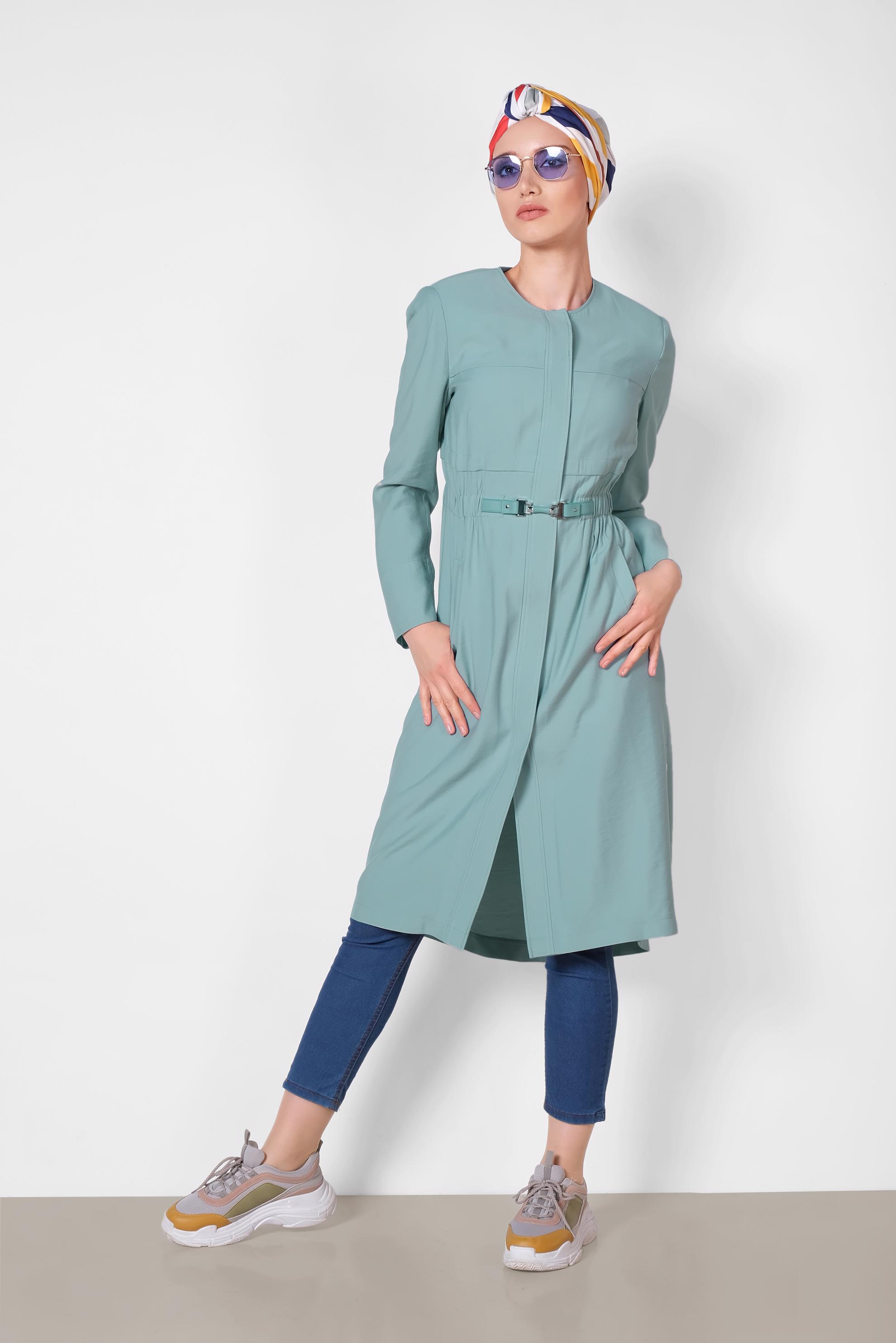 Tesettür giyim MAVİ GİZLİ DÜĞMELİ BELİ LASTİKLİ TRENÇKOT 1448