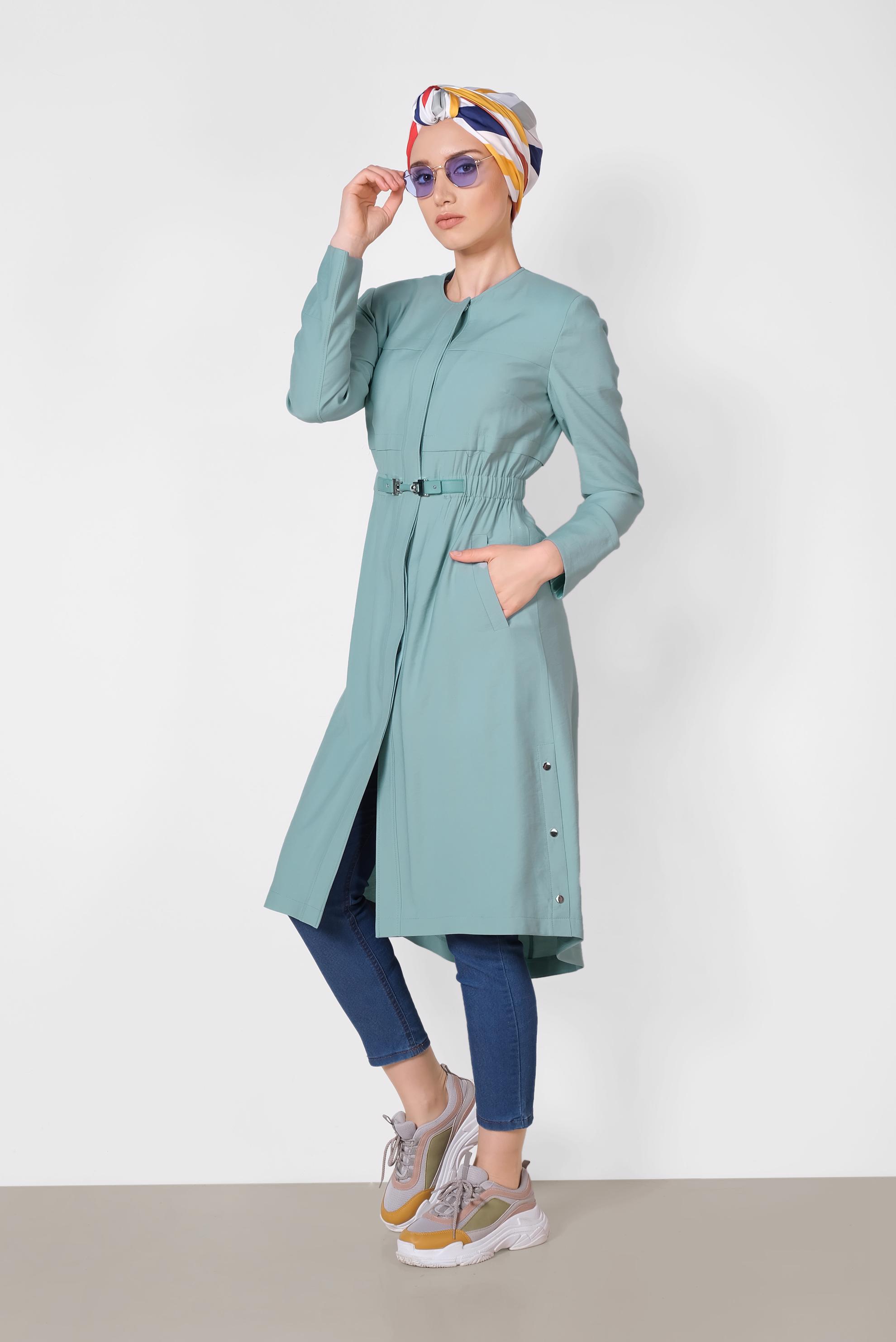 Tesettür giyim MAVİ GİZLİ DÜĞMELİ BELİ LASTİKLİ TRENÇKOT 1448