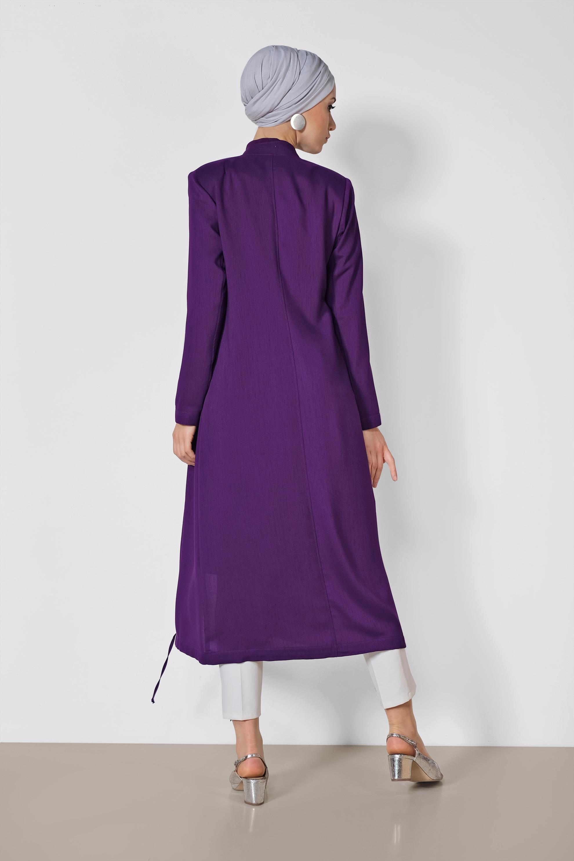 Tesettür giyim MOR PUL PAYET DETAYLI ÖNDEN DÜĞMELİ TRENÇKOT 1475