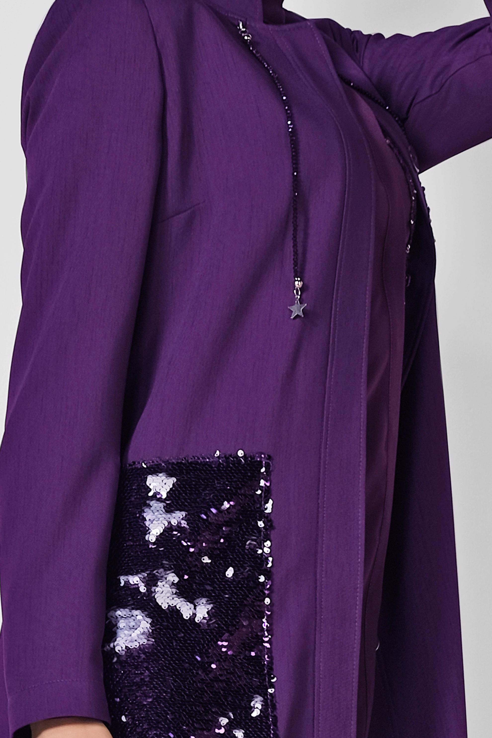 Tesettür giyim MOR PUL PAYET DETAYLI ÖNDEN DÜĞMELİ TRENÇKOT 1475