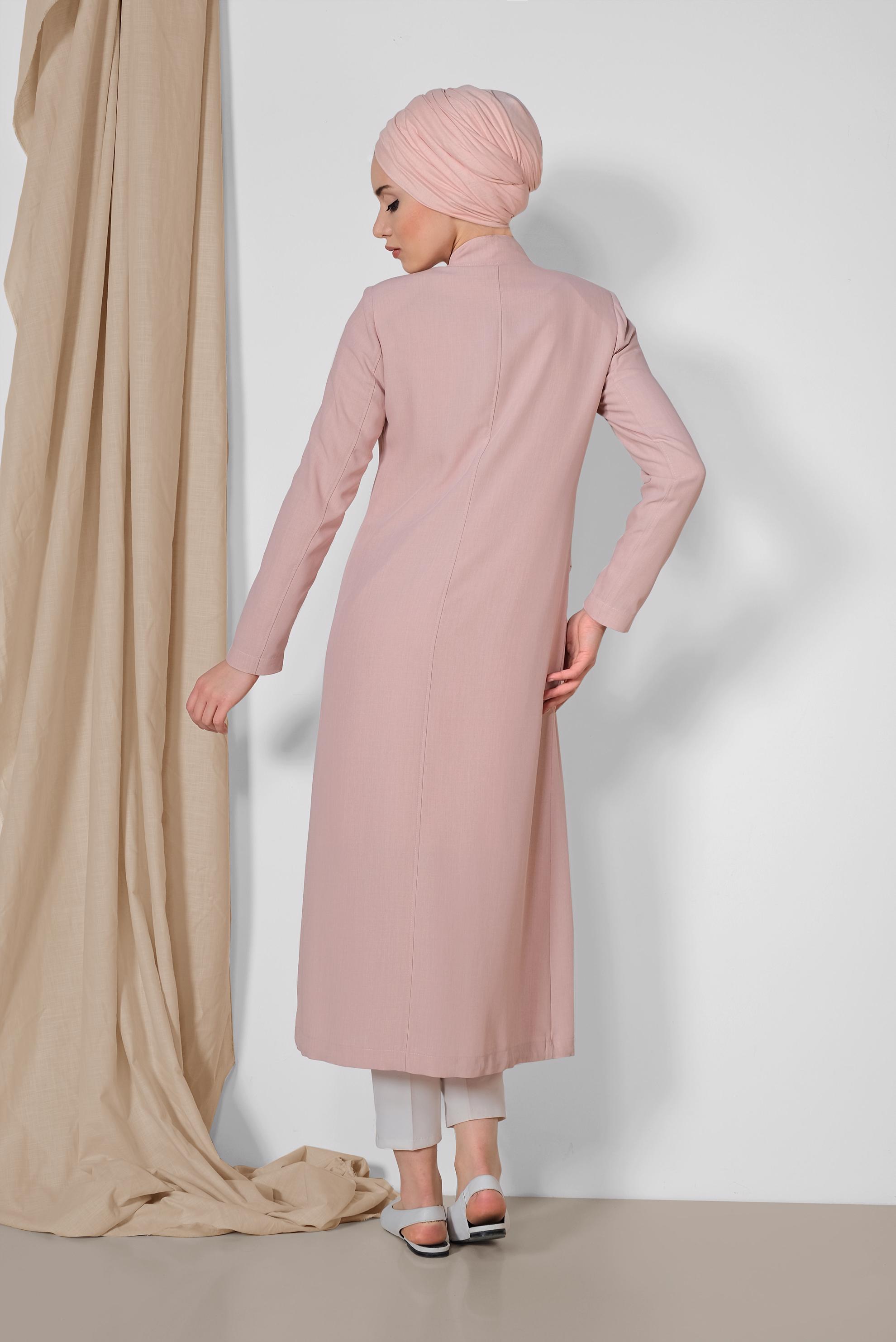 Tesettür giyim PUDRA PUL PAYET DETAYLI ÖNDEN DÜĞMELİ TRENÇKOT 1475