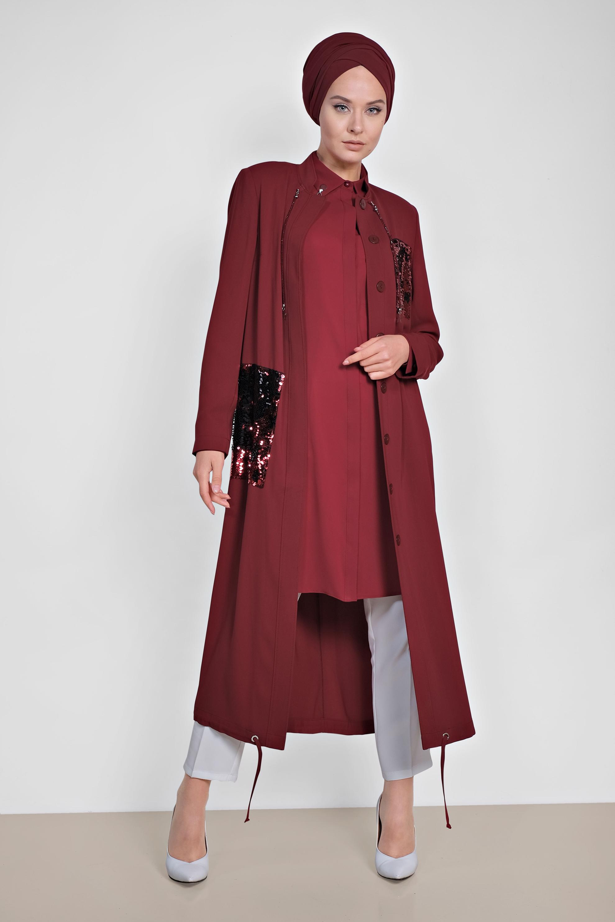 Tesettür giyim BORDO PUL PAYET DETAYLI ÖNDEN DÜĞMELİ TRENÇKOT 1475