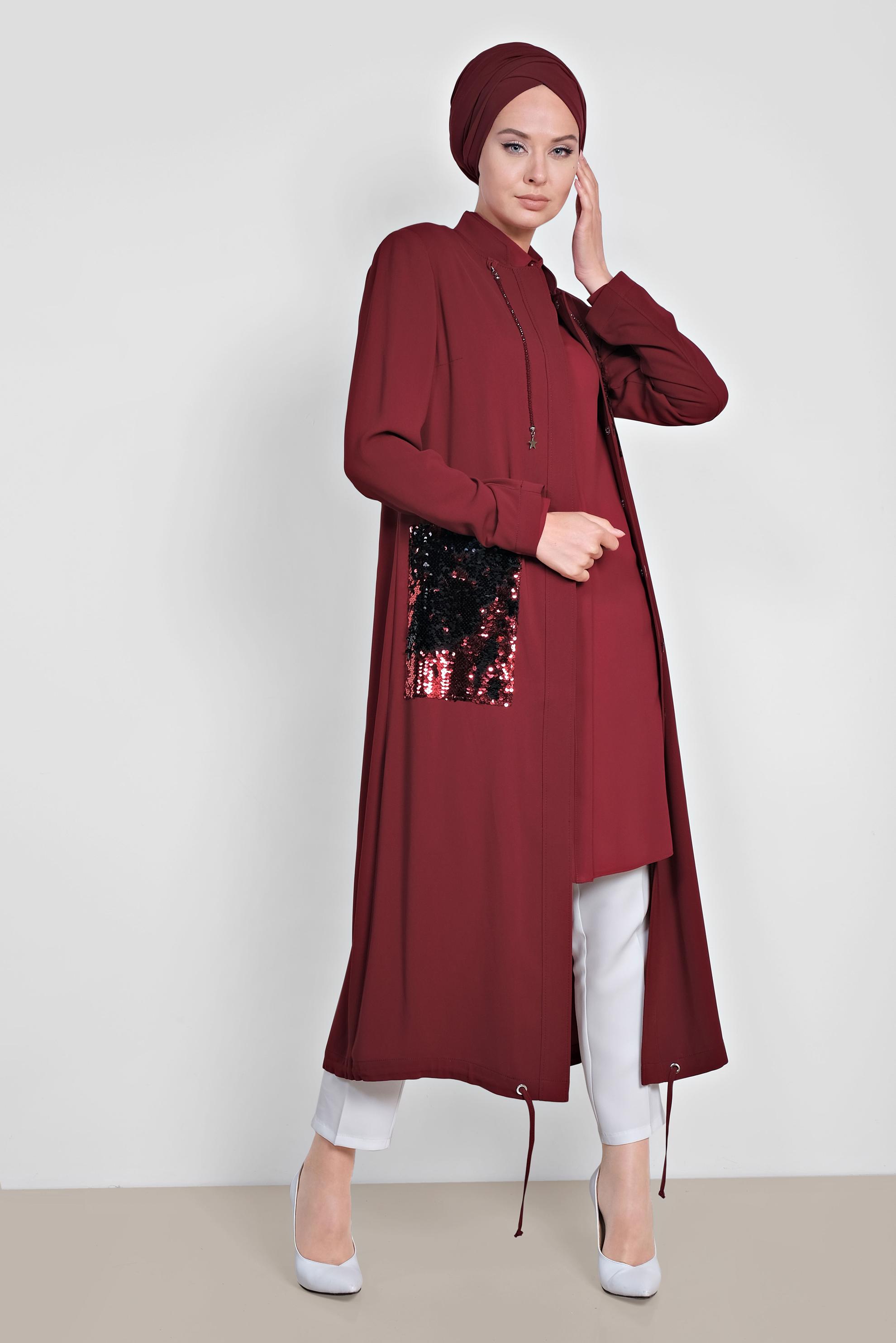 Tesettür giyim BORDO PUL PAYET DETAYLI ÖNDEN DÜĞMELİ TRENÇKOT 1475