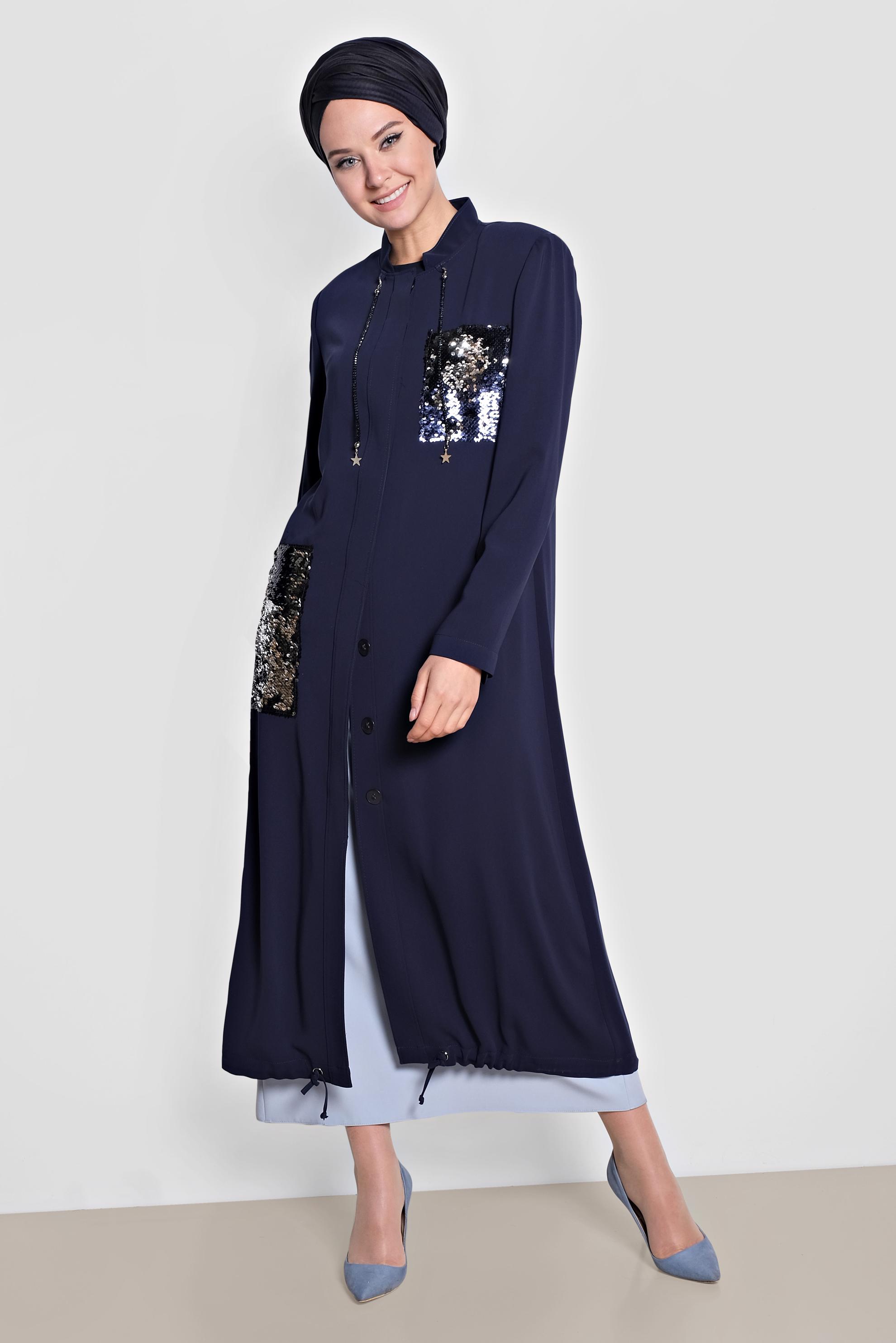 Tesettür giyim LACİVERT PUL PAYET DETAYLI ÖNDEN DÜĞMELİ TRENÇKOT 1475