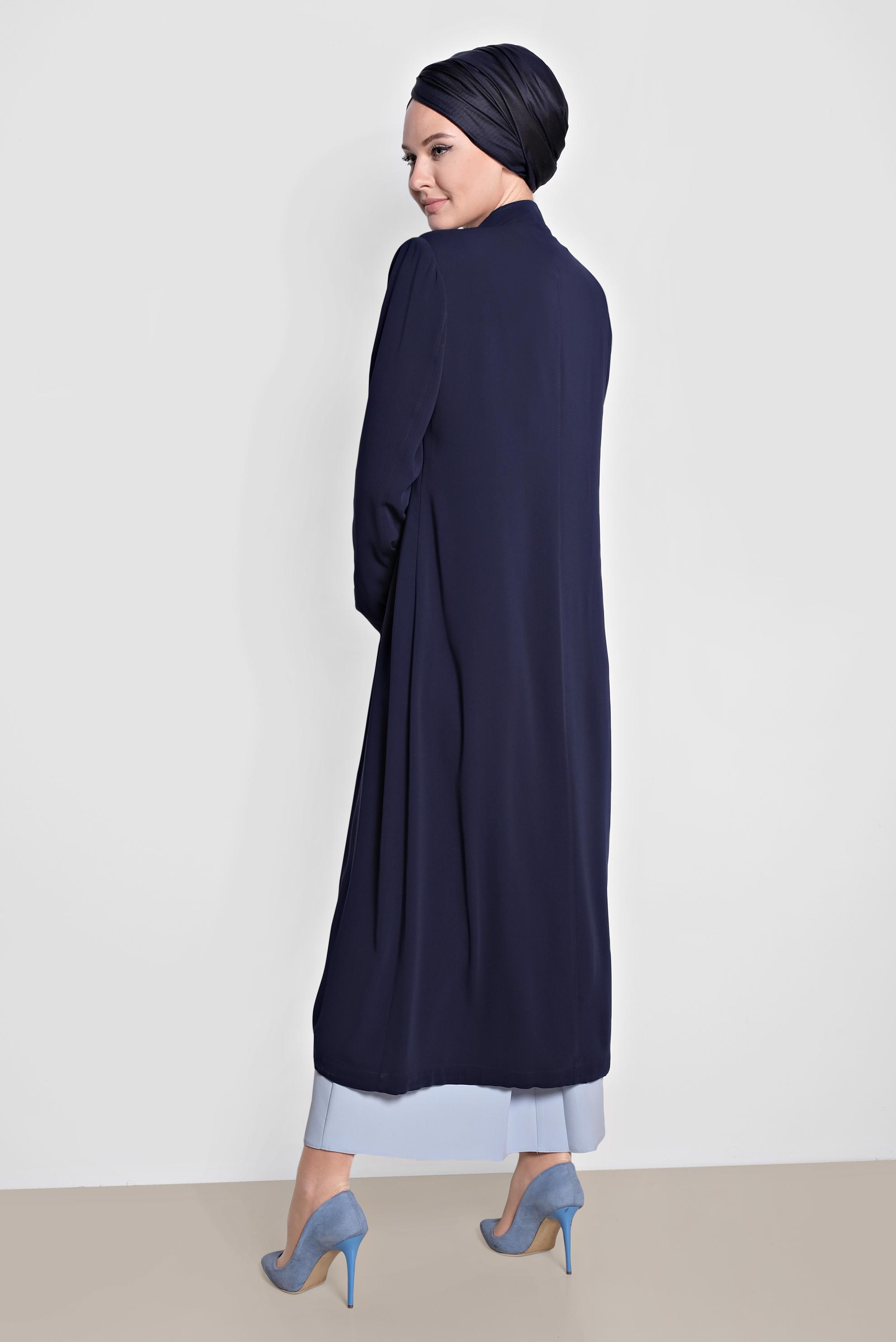 Tesettür giyim LACİVERT PUL PAYET DETAYLI ÖNDEN DÜĞMELİ TRENÇKOT 1475