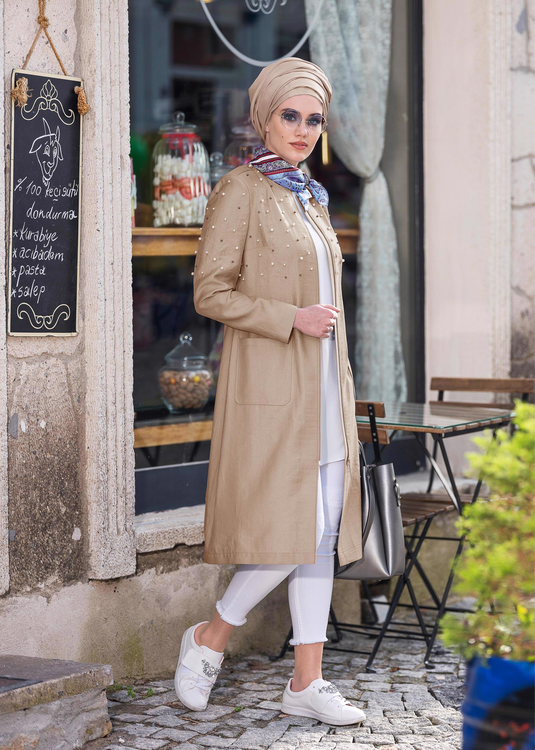 Tesettür giyim KAHVE BONCUK İŞLEMELİ TRENÇKOT 1225 