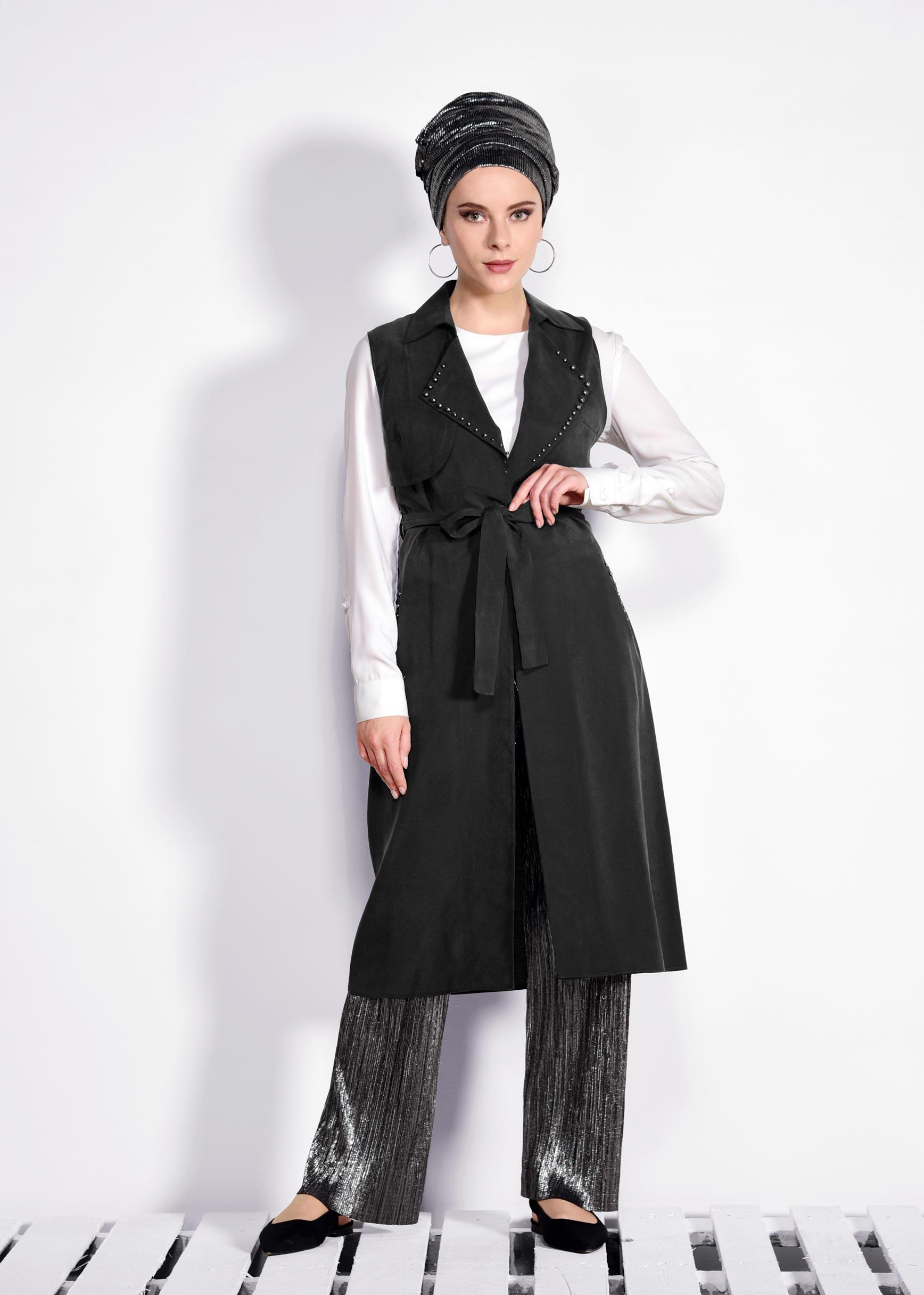 Tesettür giyim SİYAH YAKASI BONCUKLU BELİ KUŞAKLI YELEK 4023