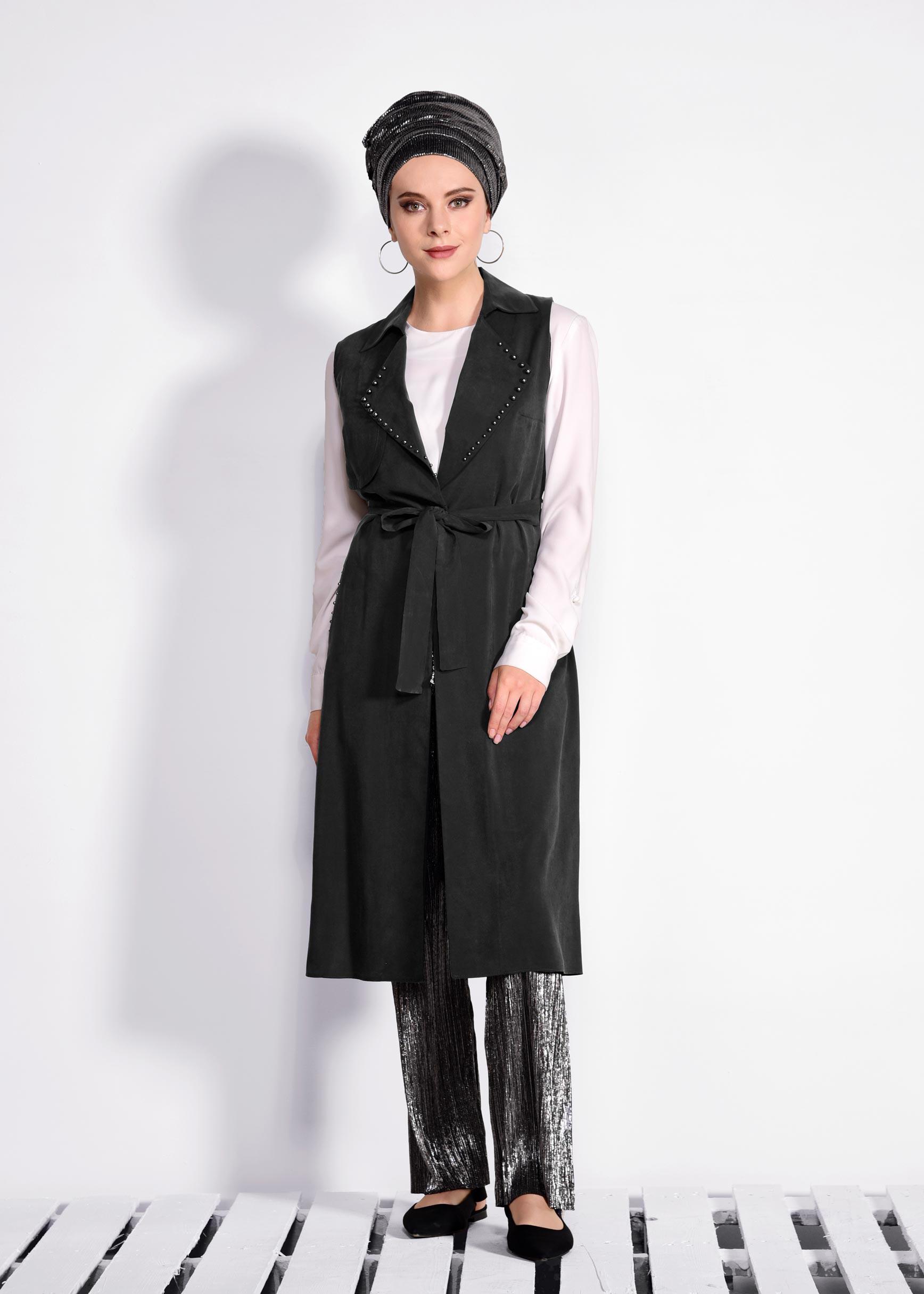 Tesettür giyim SİYAH YAKASI BONCUKLU BELİ KUŞAKLI YELEK 4023