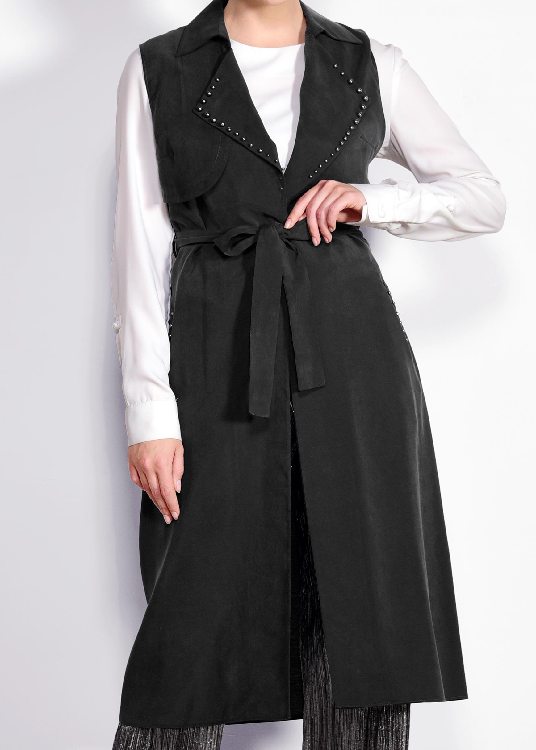 Tesettür giyim SİYAH YAKASI BONCUKLU BELİ KUŞAKLI YELEK 4023