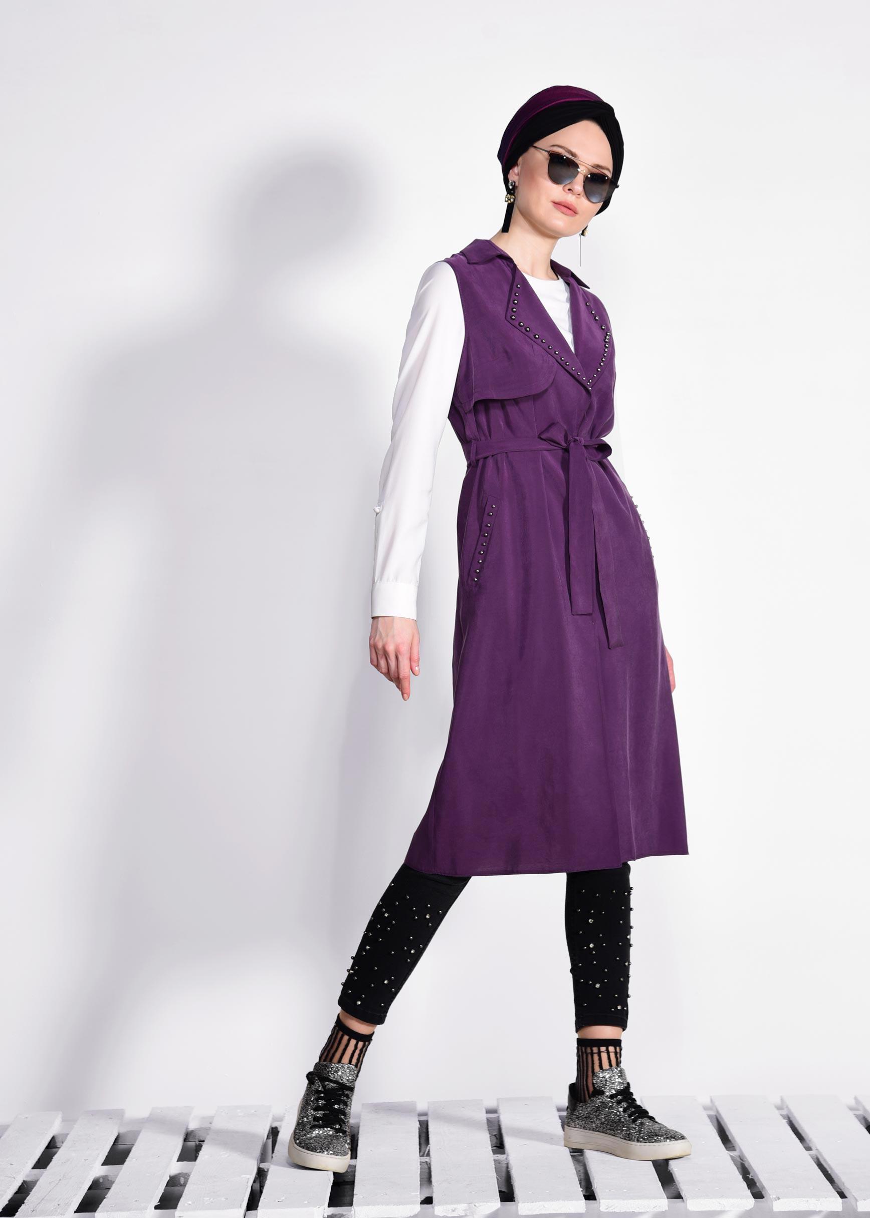 Tesettür giyim MOR YAKASI BONCUKLU BELİ KUŞAKLI YELEK 4023