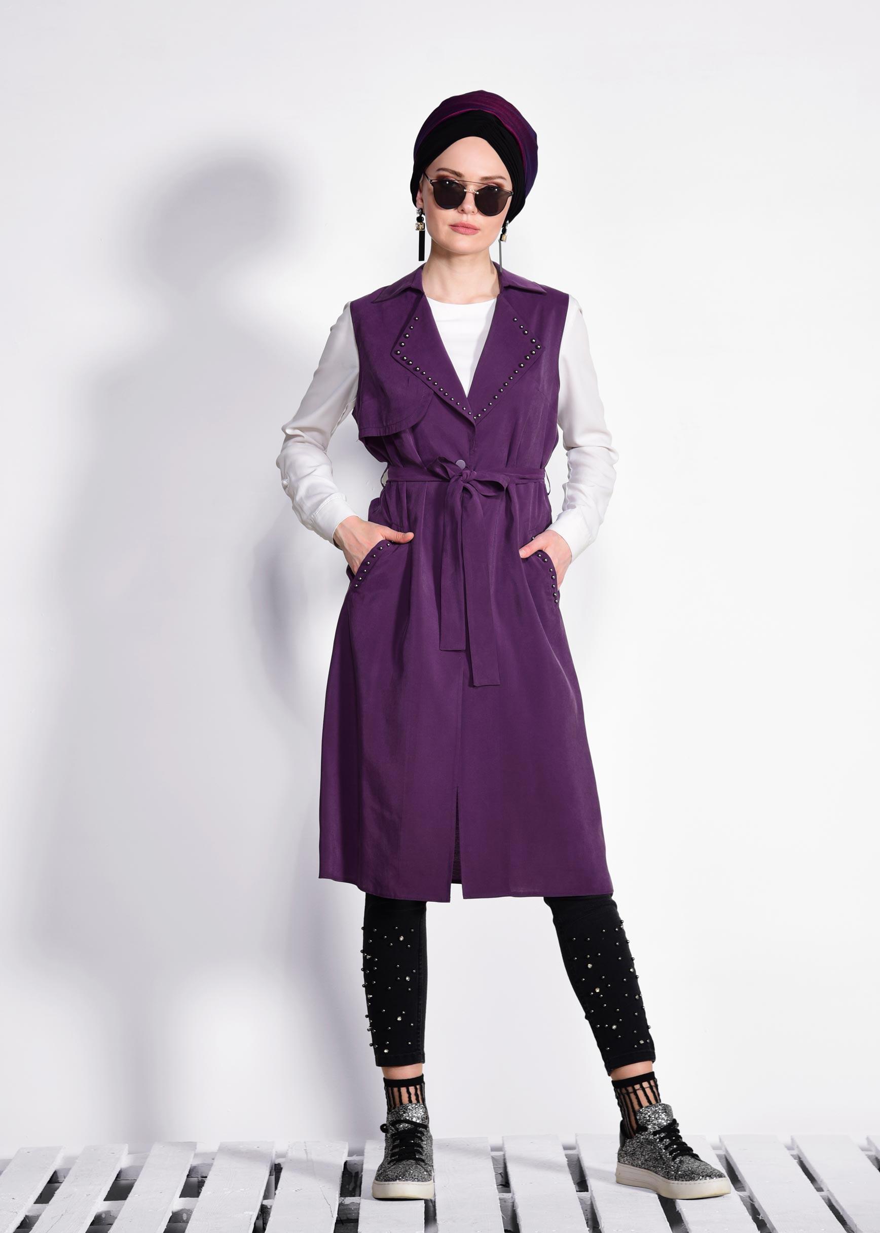 Tesettür giyim MOR YAKASI BONCUKLU BELİ KUŞAKLI YELEK 4023