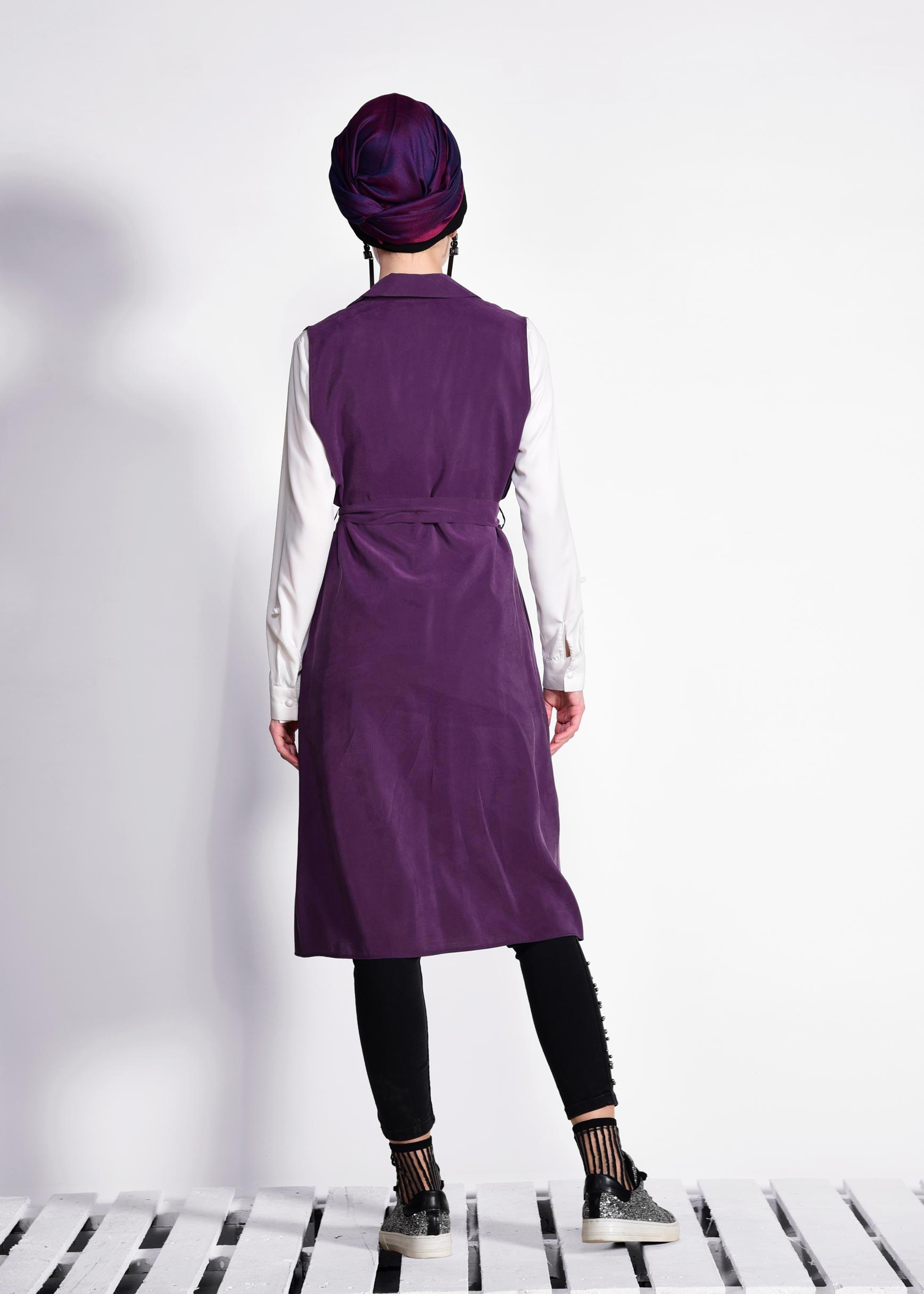 Tesettür giyim MOR YAKASI BONCUKLU BELİ KUŞAKLI YELEK 4023