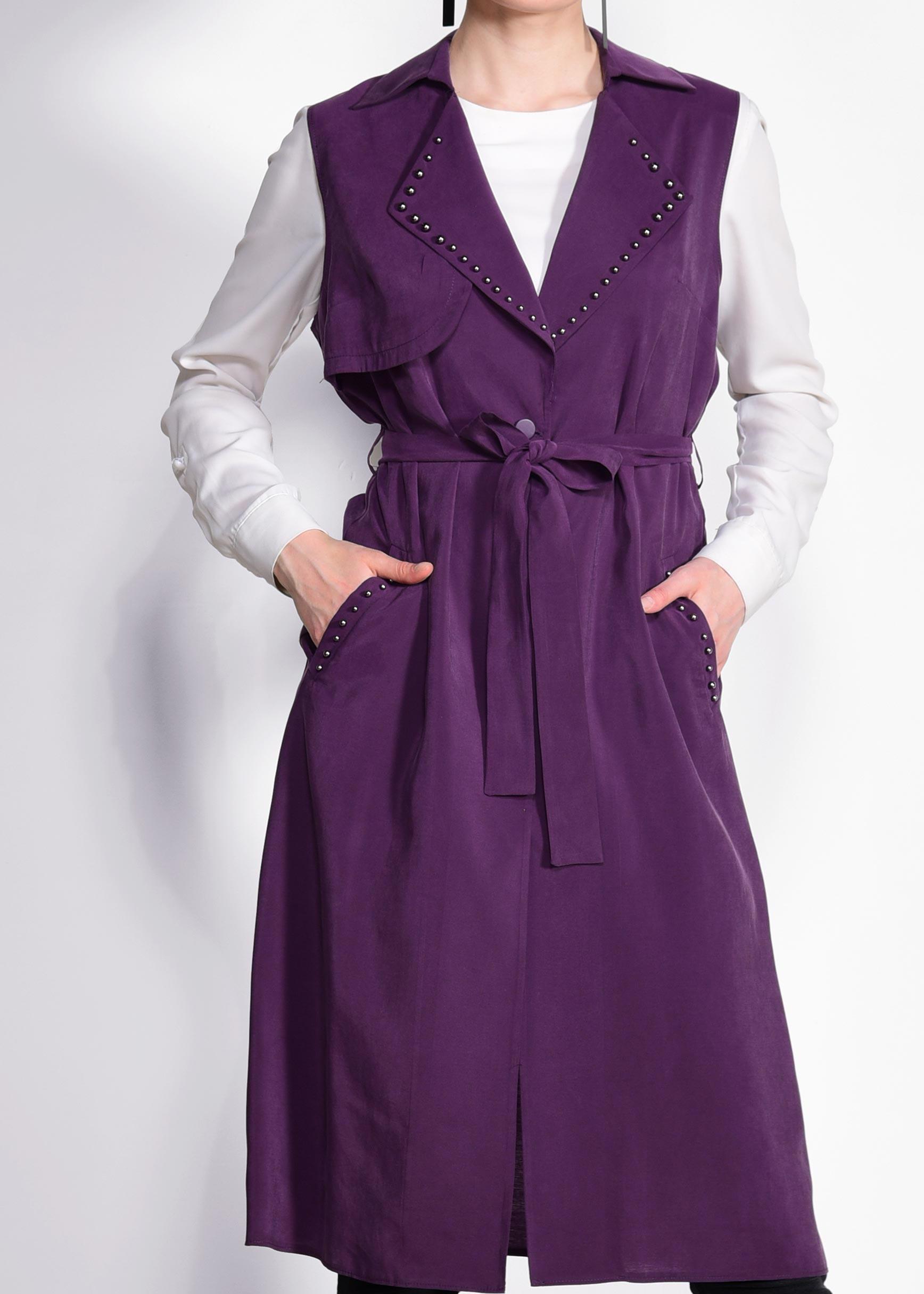 Tesettür giyim MOR YAKASI BONCUKLU BELİ KUŞAKLI YELEK 4023