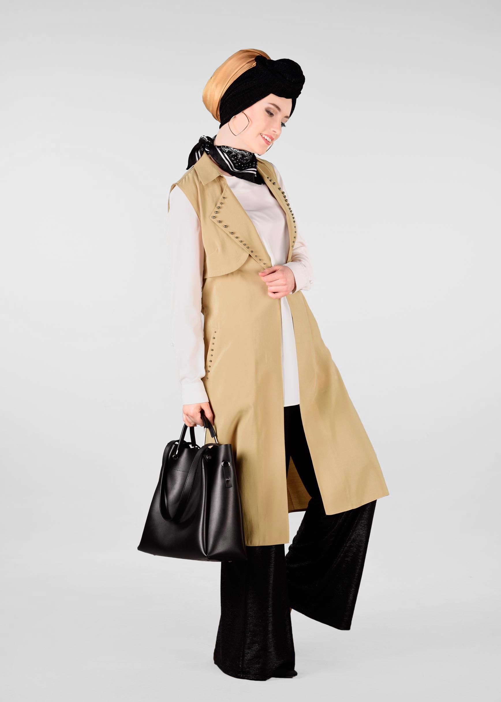 Tesettür giyim KAHVE YAKASI BONCUKLU BELİ KUŞAKLI YELEK 4023