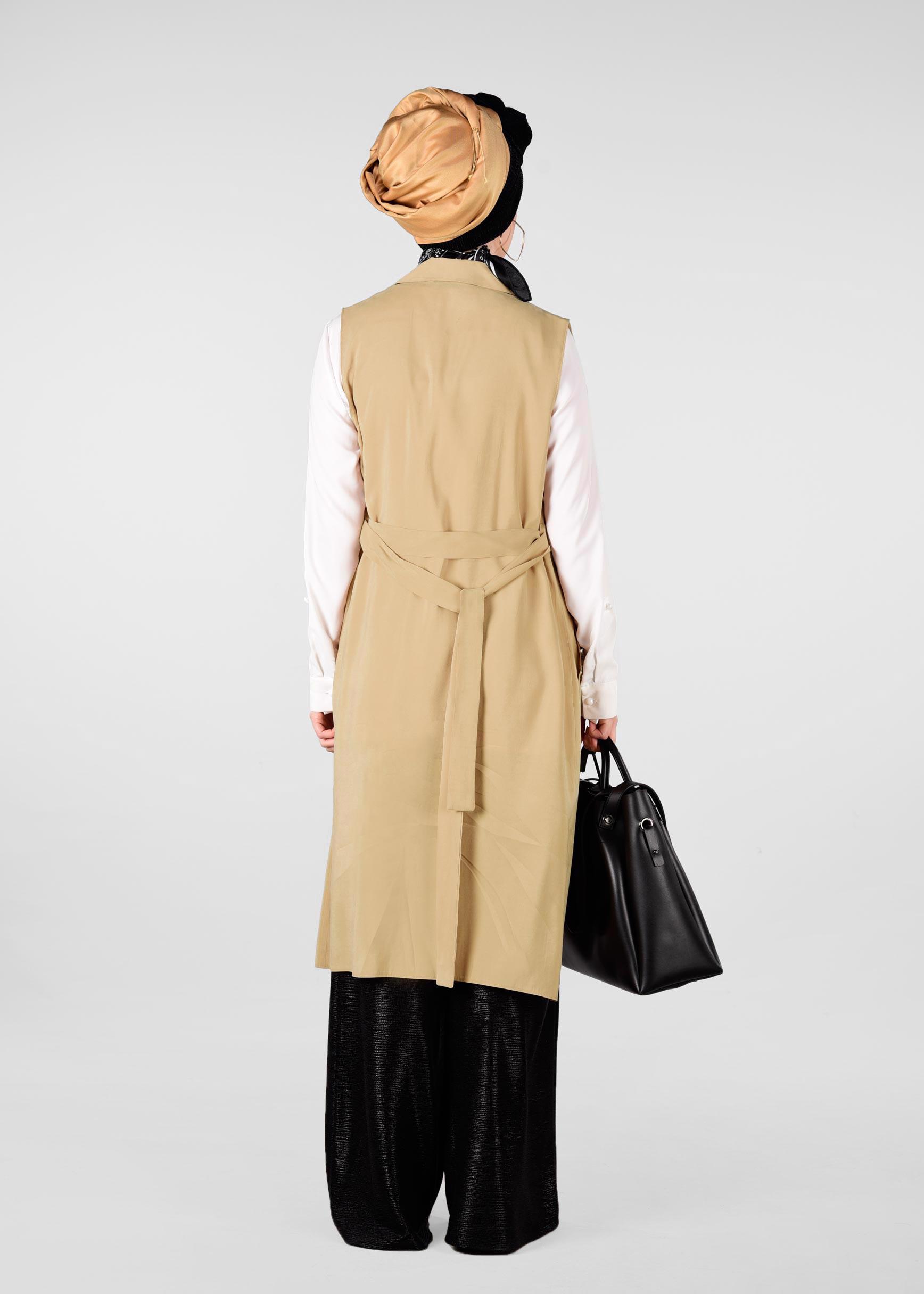 Tesettür giyim KAHVE YAKASI BONCUKLU BELİ KUŞAKLI YELEK 4023