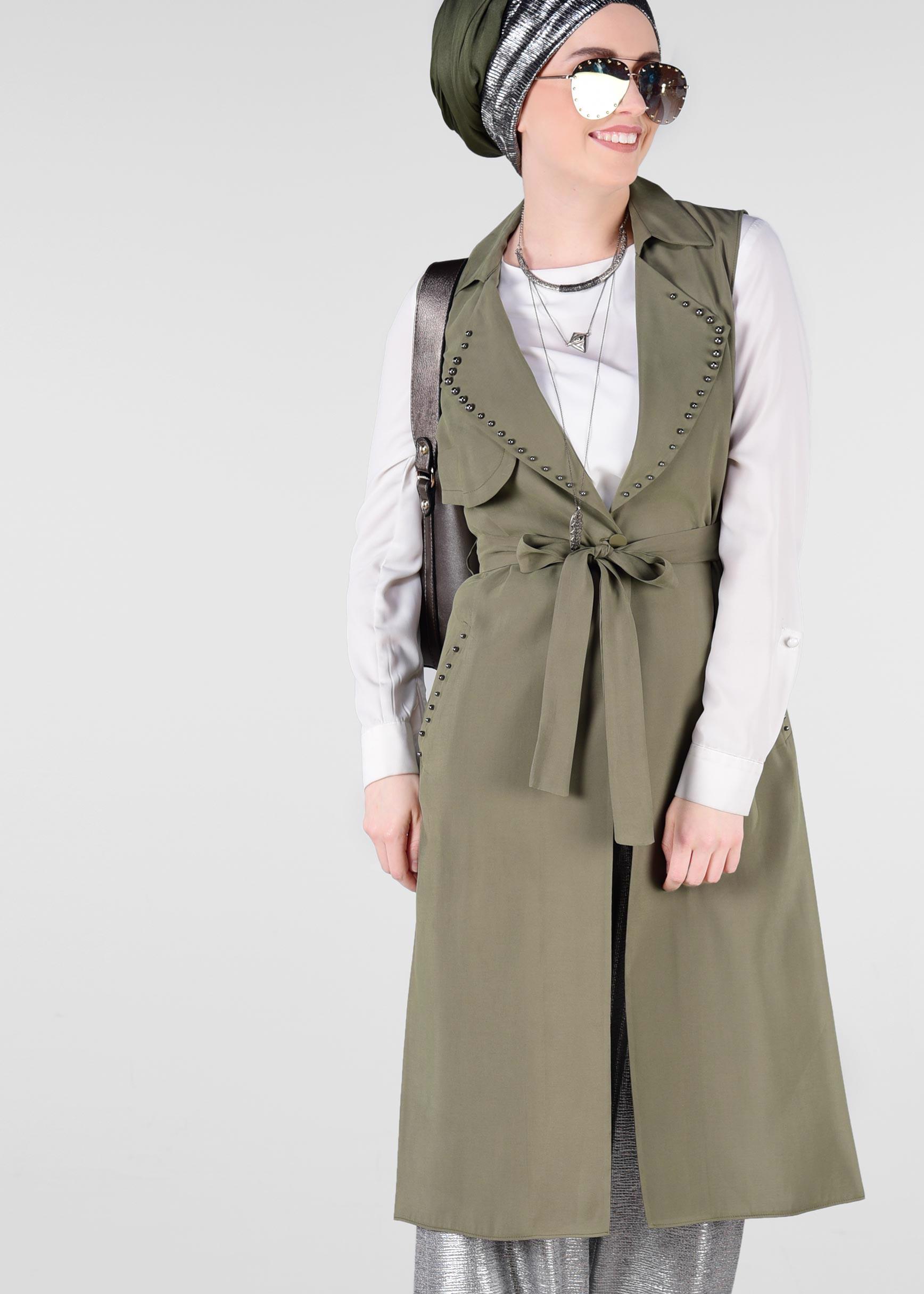 Tesettür giyim HAKİ YAKASI BONCUKLU BELİ KUŞAKLI YELEK 4023