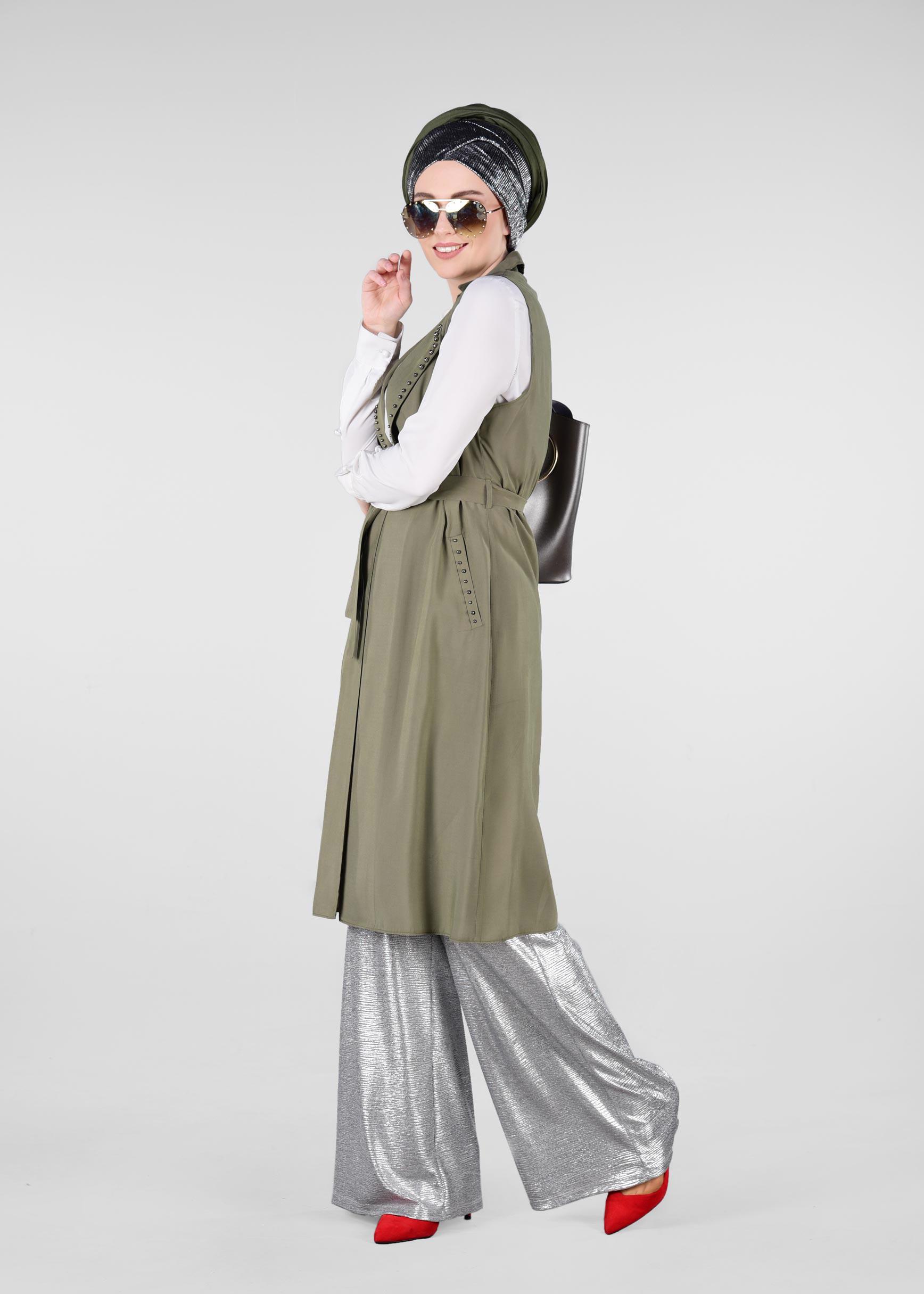 Tesettür giyim HAKİ YAKASI BONCUKLU BELİ KUŞAKLI YELEK 4023