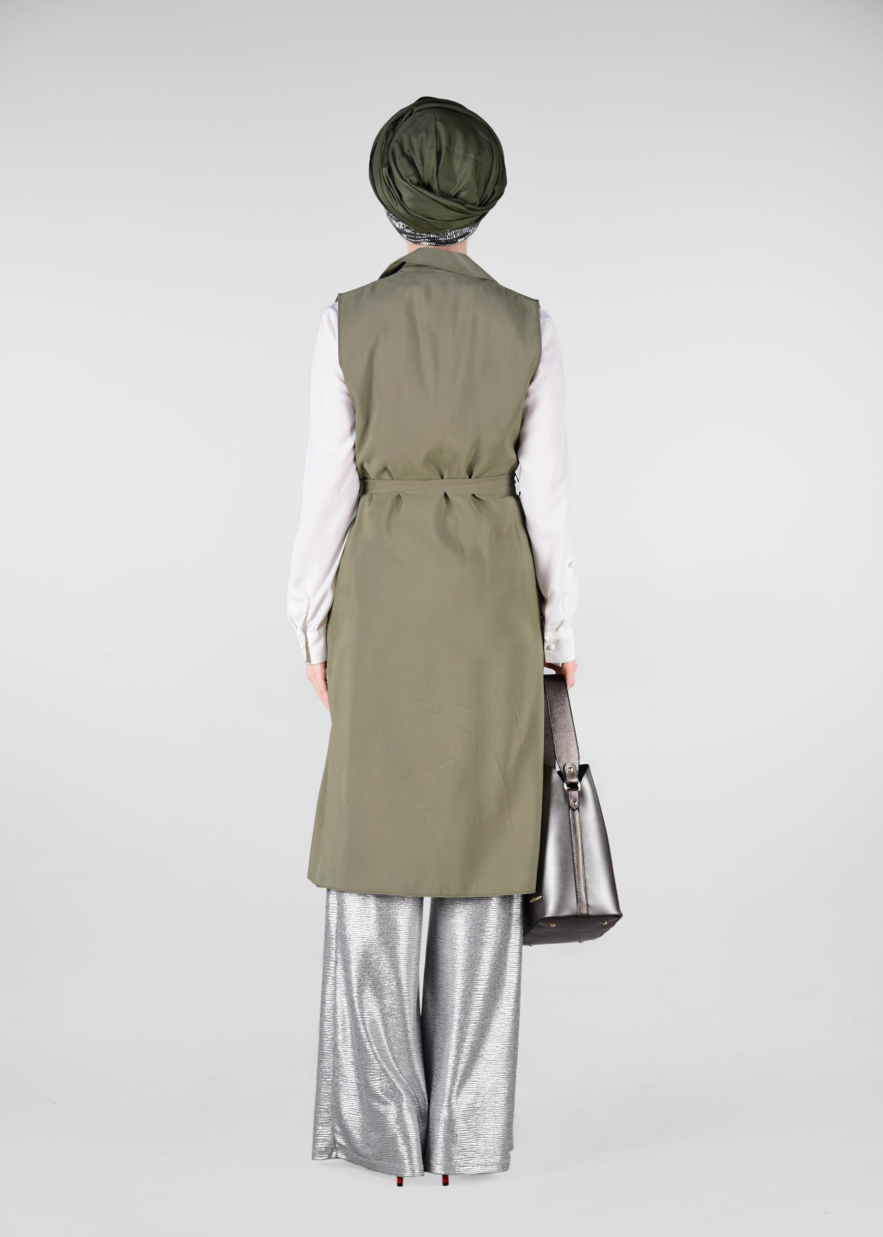 Tesettür giyim HAKİ YAKASI BONCUKLU BELİ KUŞAKLI YELEK 4023