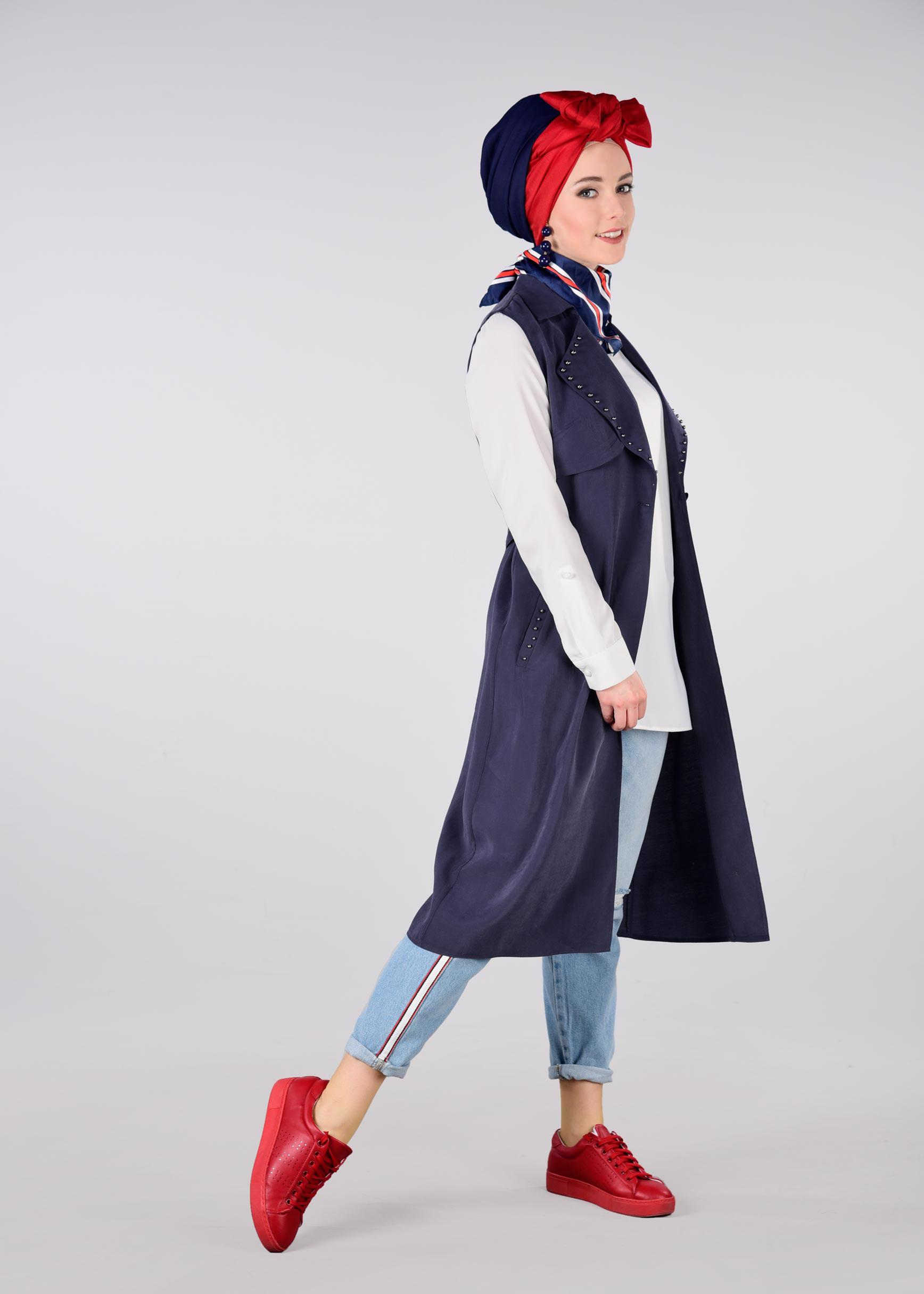 Tesettür giyim LACİVERT YAKASI BONCUKLU BELİ KUŞAKLI YELEK 4023