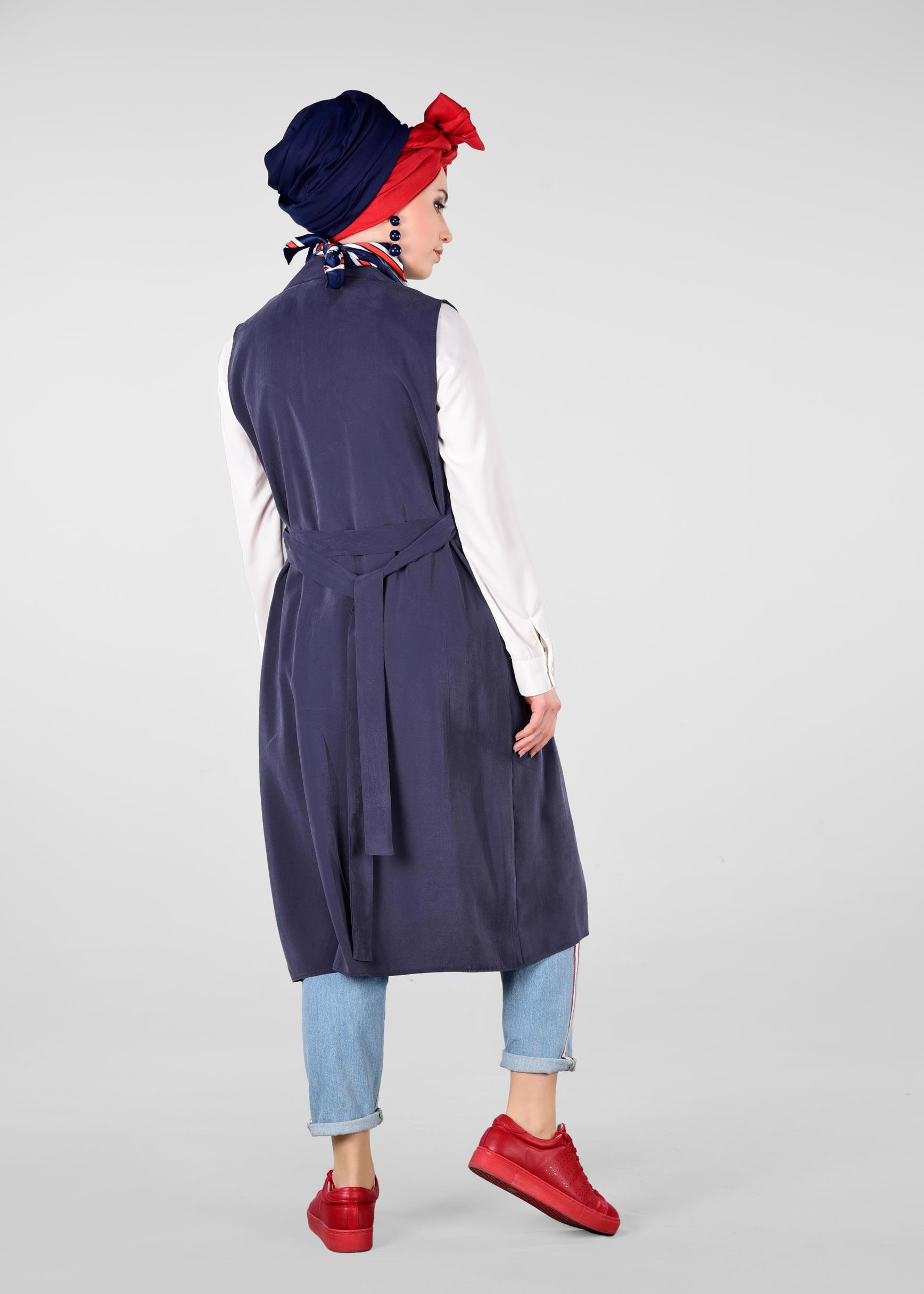 Tesettür giyim LACİVERT YAKASI BONCUKLU BELİ KUŞAKLI YELEK 4023