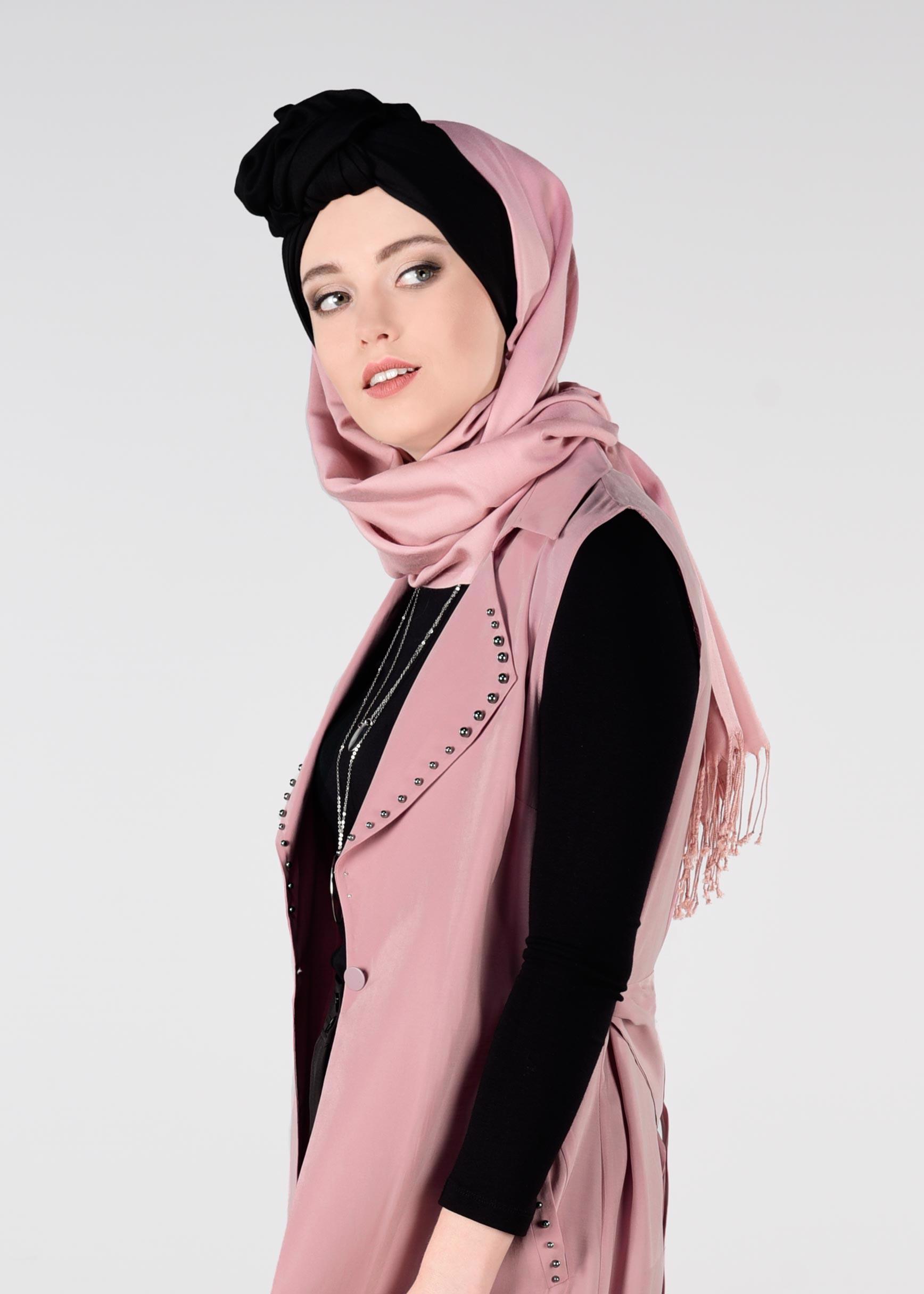 Tesettür giyim PUDRA YAKASI BONCUKLU BELİ KUŞAKLI YELEK 4023