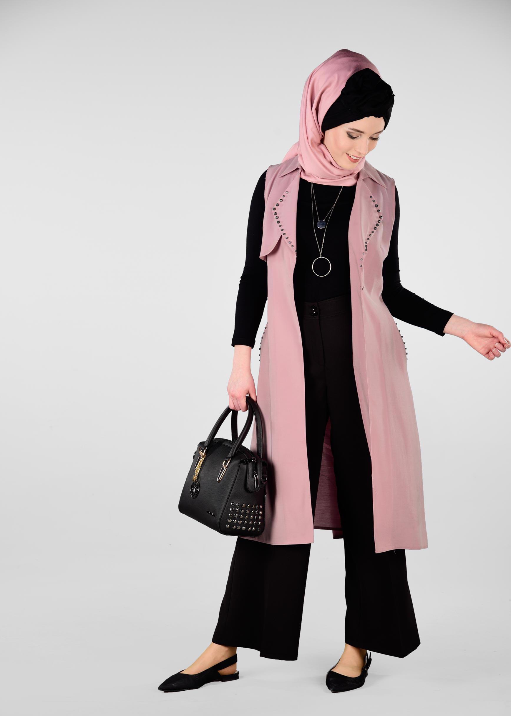 Tesettür giyim PUDRA YAKASI BONCUKLU BELİ KUŞAKLI YELEK 4023