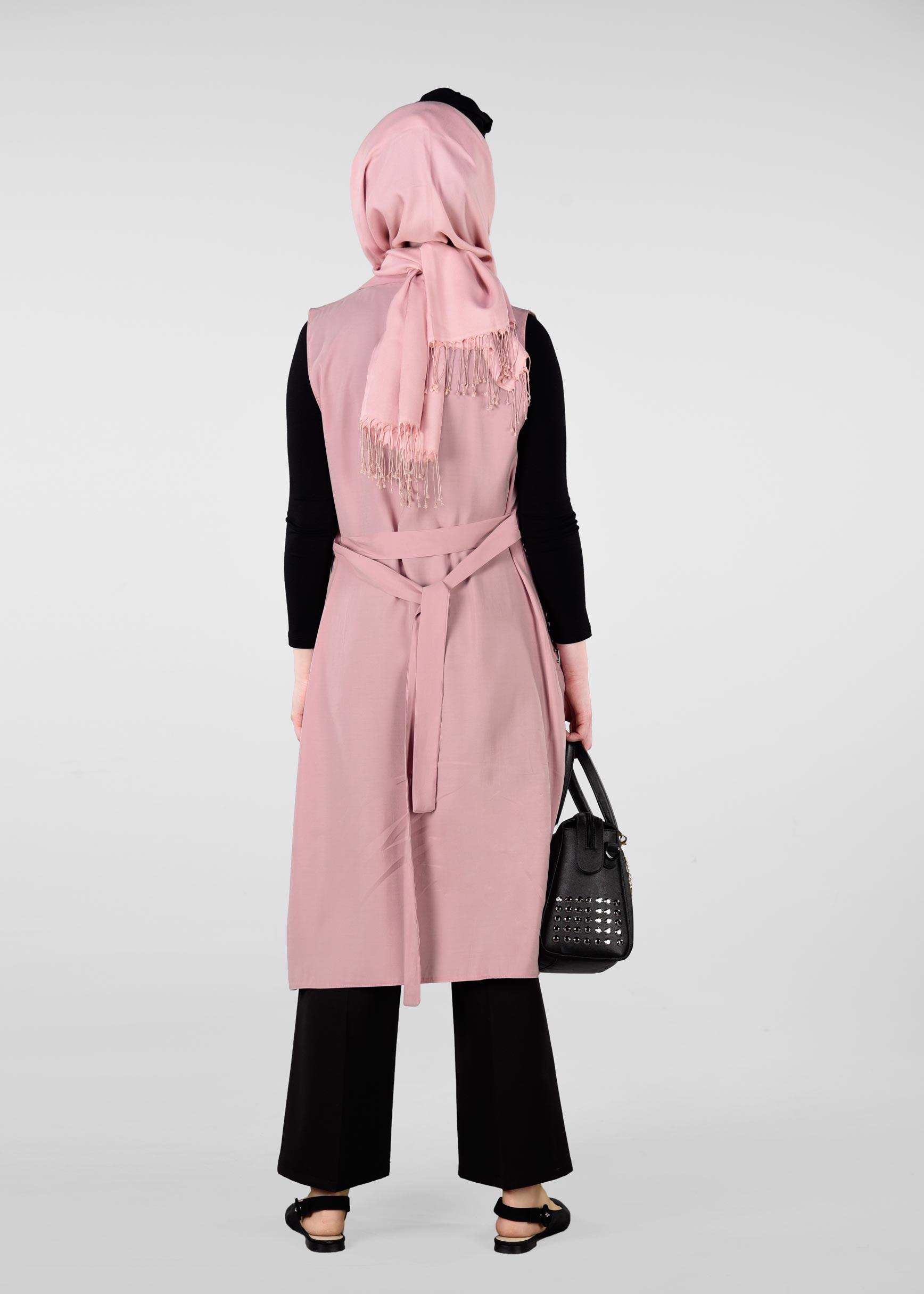 Tesettür giyim PUDRA YAKASI BONCUKLU BELİ KUŞAKLI YELEK 4023