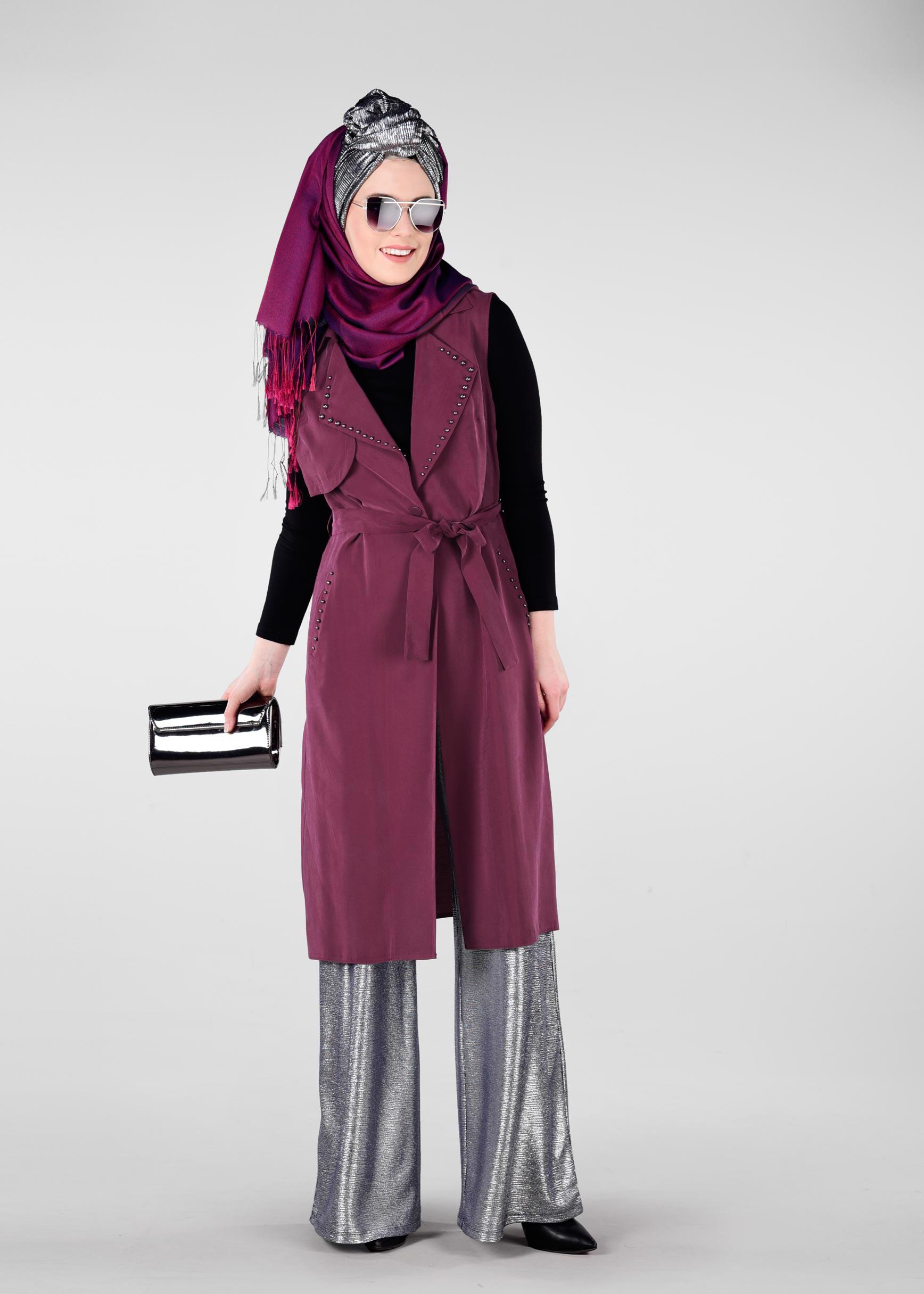 Tesettür giyim MOR YAKASI BONCUKLU BELİ KUŞAKLI YELEK 4023