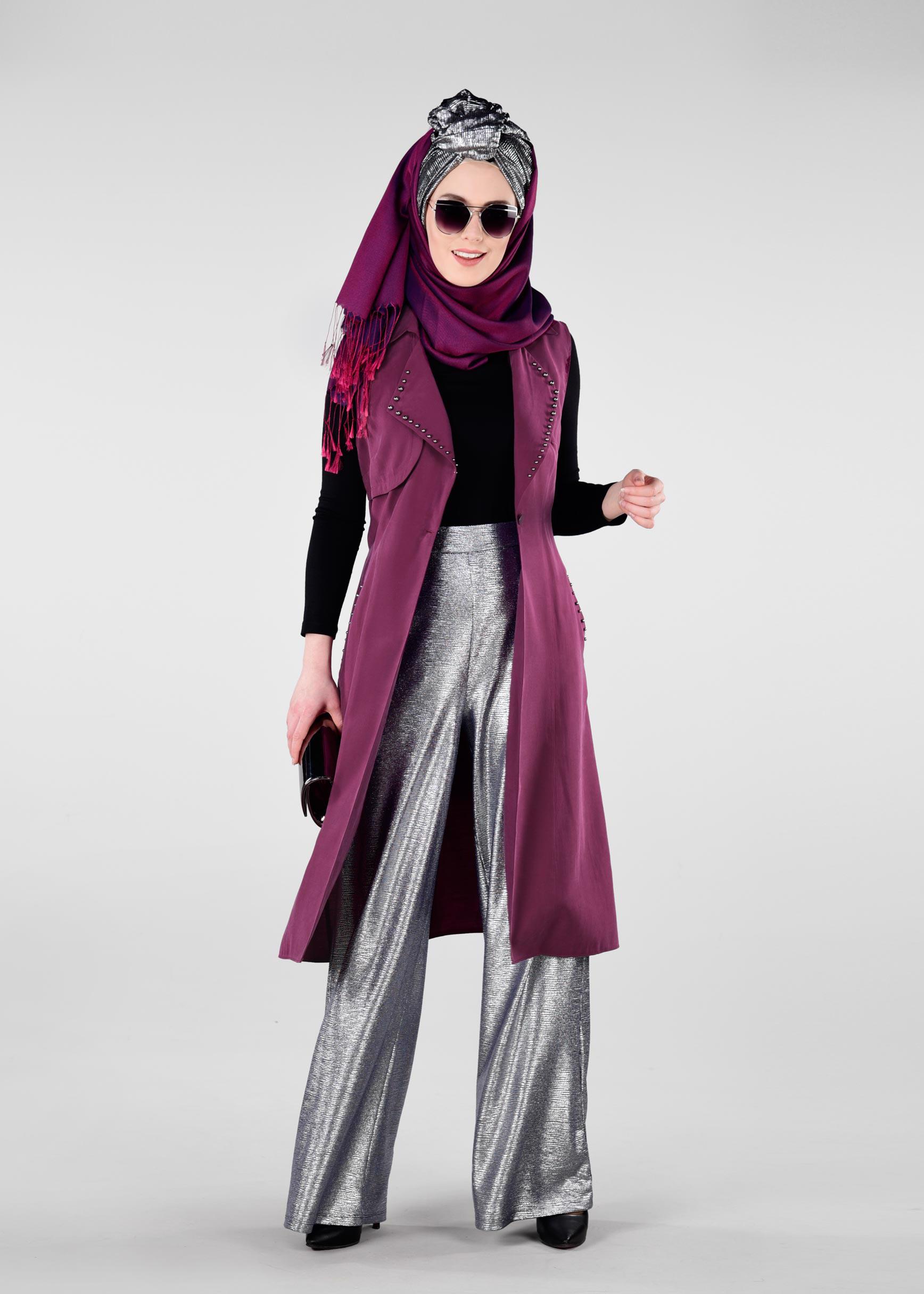 Tesettür giyim MOR YAKASI BONCUKLU BELİ KUŞAKLI YELEK 4023