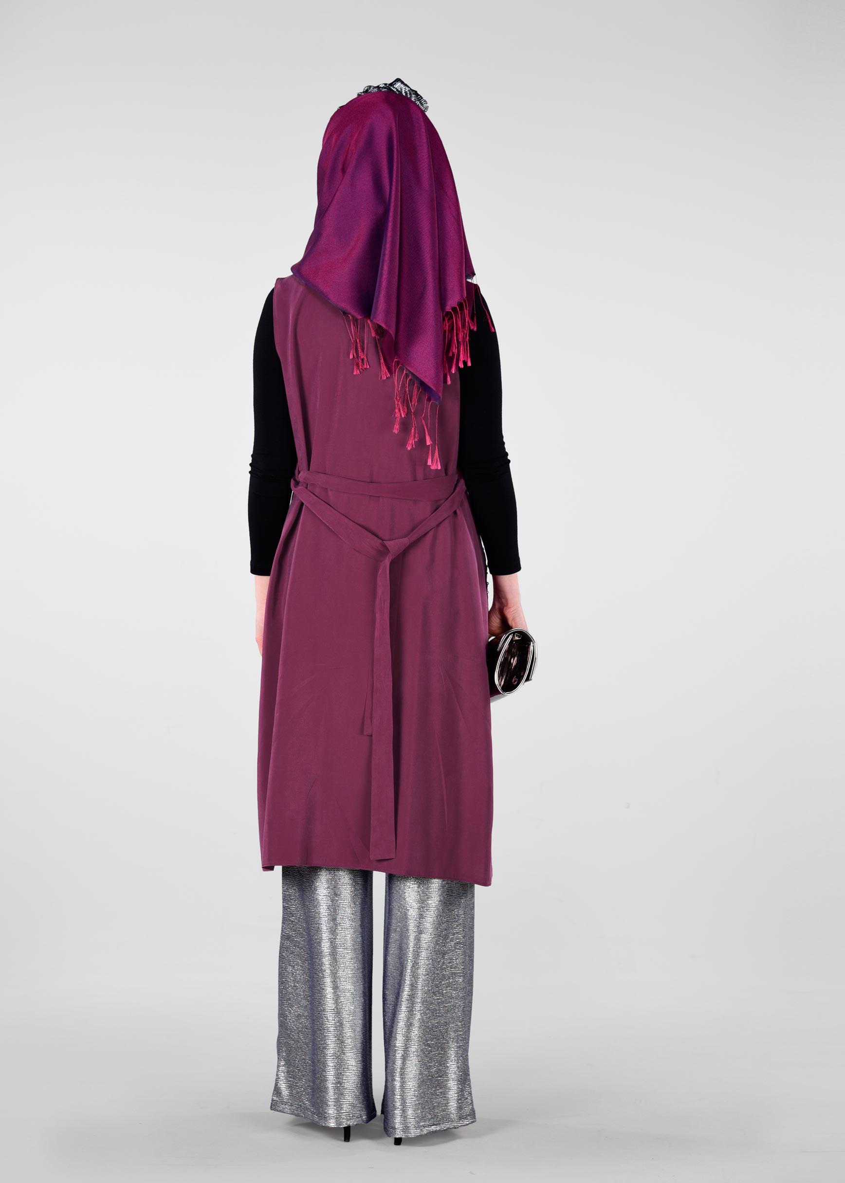 Tesettür giyim MOR YAKASI BONCUKLU BELİ KUŞAKLI YELEK 4023