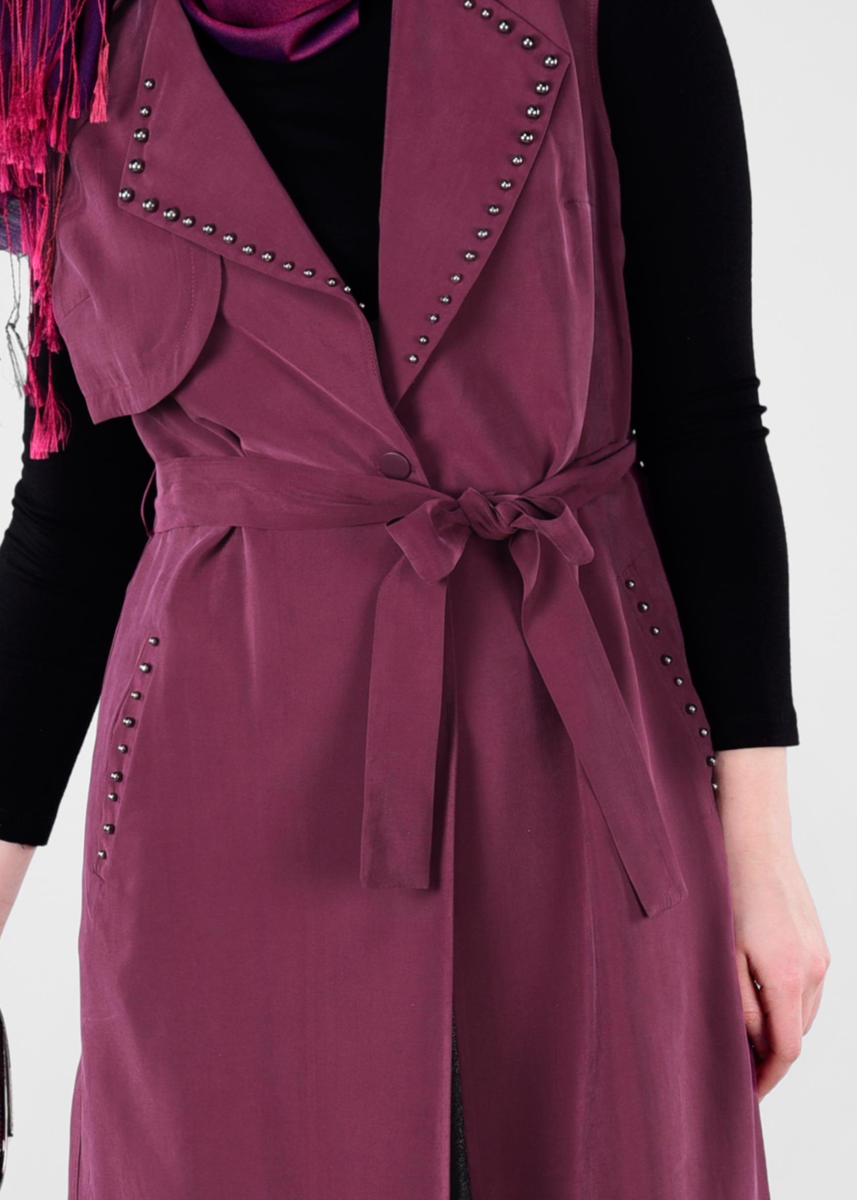 Tesettür giyim MOR YAKASI BONCUKLU BELİ KUŞAKLI YELEK 4023